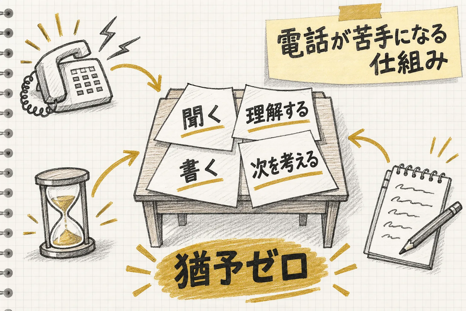 電話対応中は聞く・理解する・書く・次を考えるという作業を同時にこなす必要があり、狭い机が満杯になる様子を表す