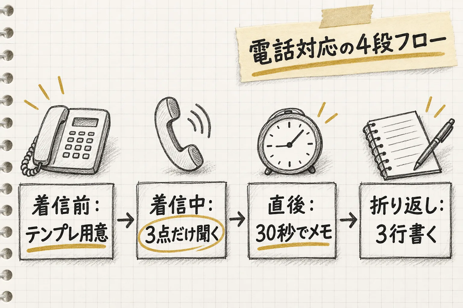 着信前・着信中・切った直後・折り返しの4段階に分けて電話対応の負担を前後に分散させる流れを表す