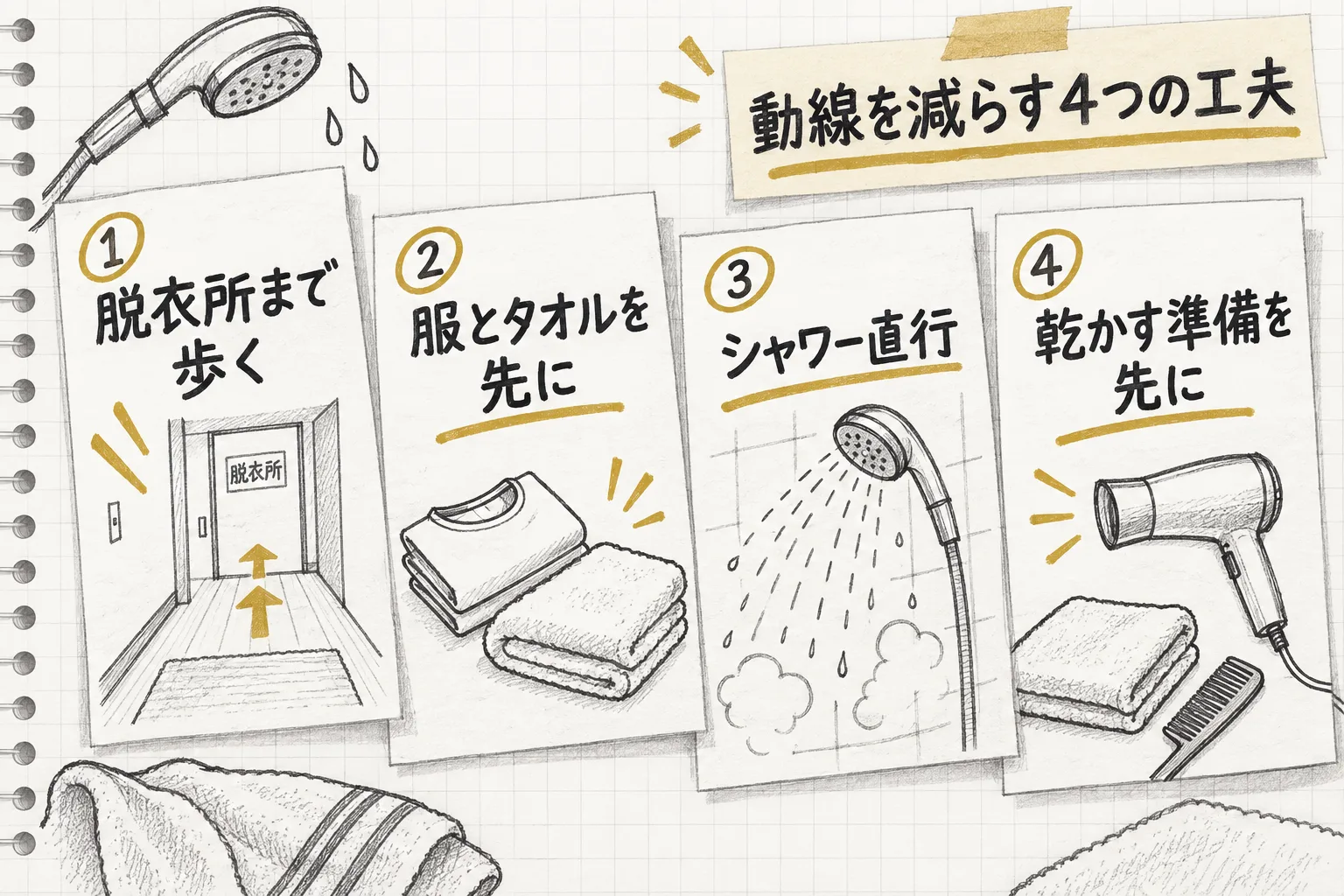 脱衣所まで歩く・服とタオルを先に置く・シャワー直行・乾かす準備という4つの動線の工夫を並べて示す