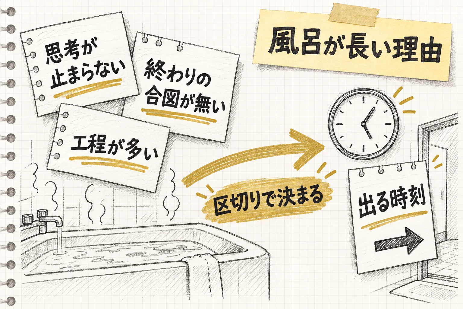 風呂が長くなる3つの理由である思考が止まらない・終わりの合図が無い・工程が多いが、3つの区切りで出る時刻に変わる流れを示す