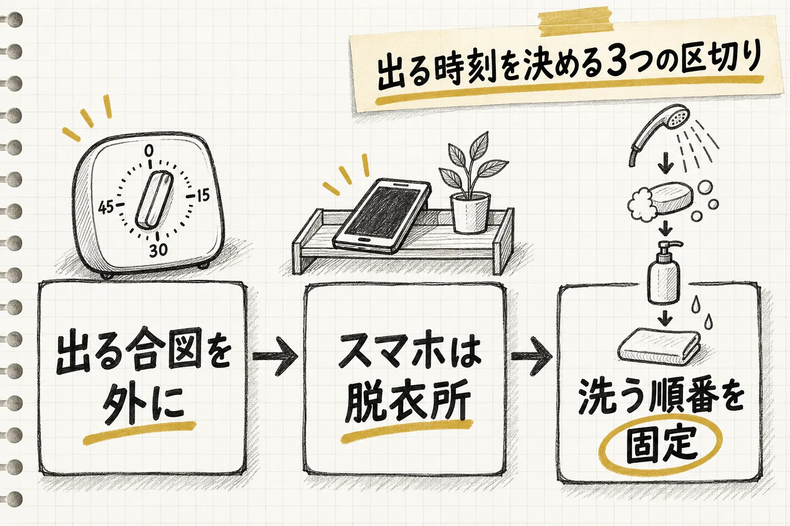 出る合図をタイマーや音楽で外に置く・スマホは脱衣所に置く・洗う順番を固定するという3つの区切りを並べて示す