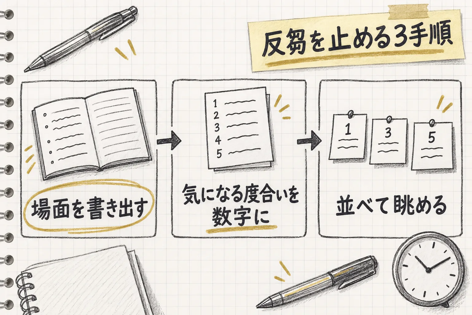 気になる場面を書き出し、気になる度合いを数字にして、並べて眺めるという反芻を手放す3つの手順を示す