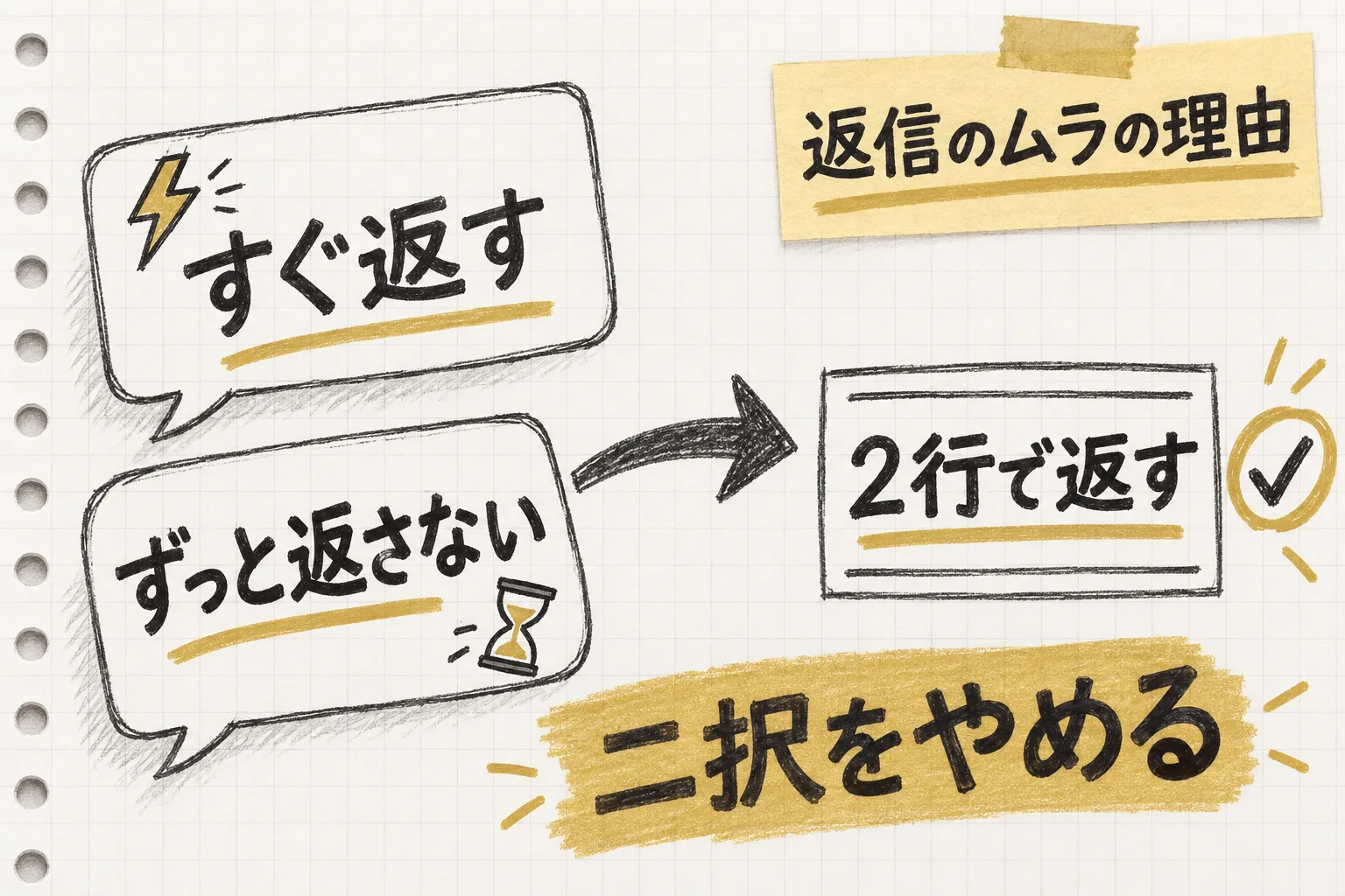 すぐ返すか永遠に返さないかの二択が、1行目の合図と2行目の予告という「2行で返す」型でつながる流れを示す