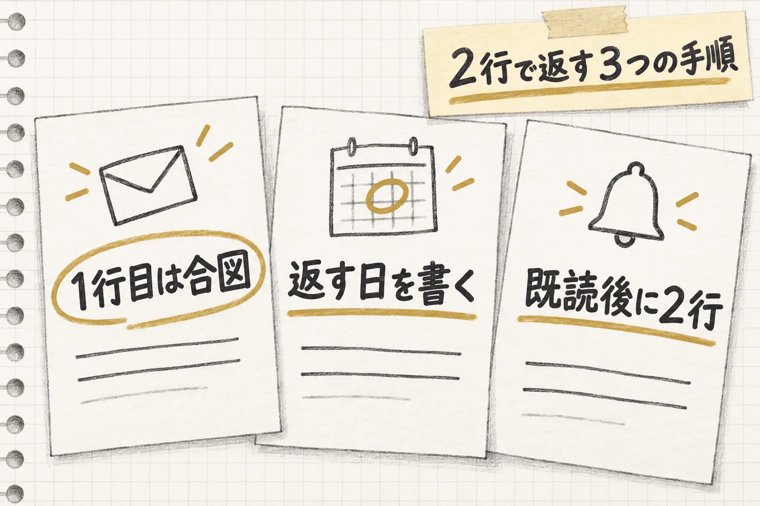 1行目は受け取った合図だけ・返せない内容は返す日を書く・既読を付けたら2行を先に送るという3つの手順を並べて示す