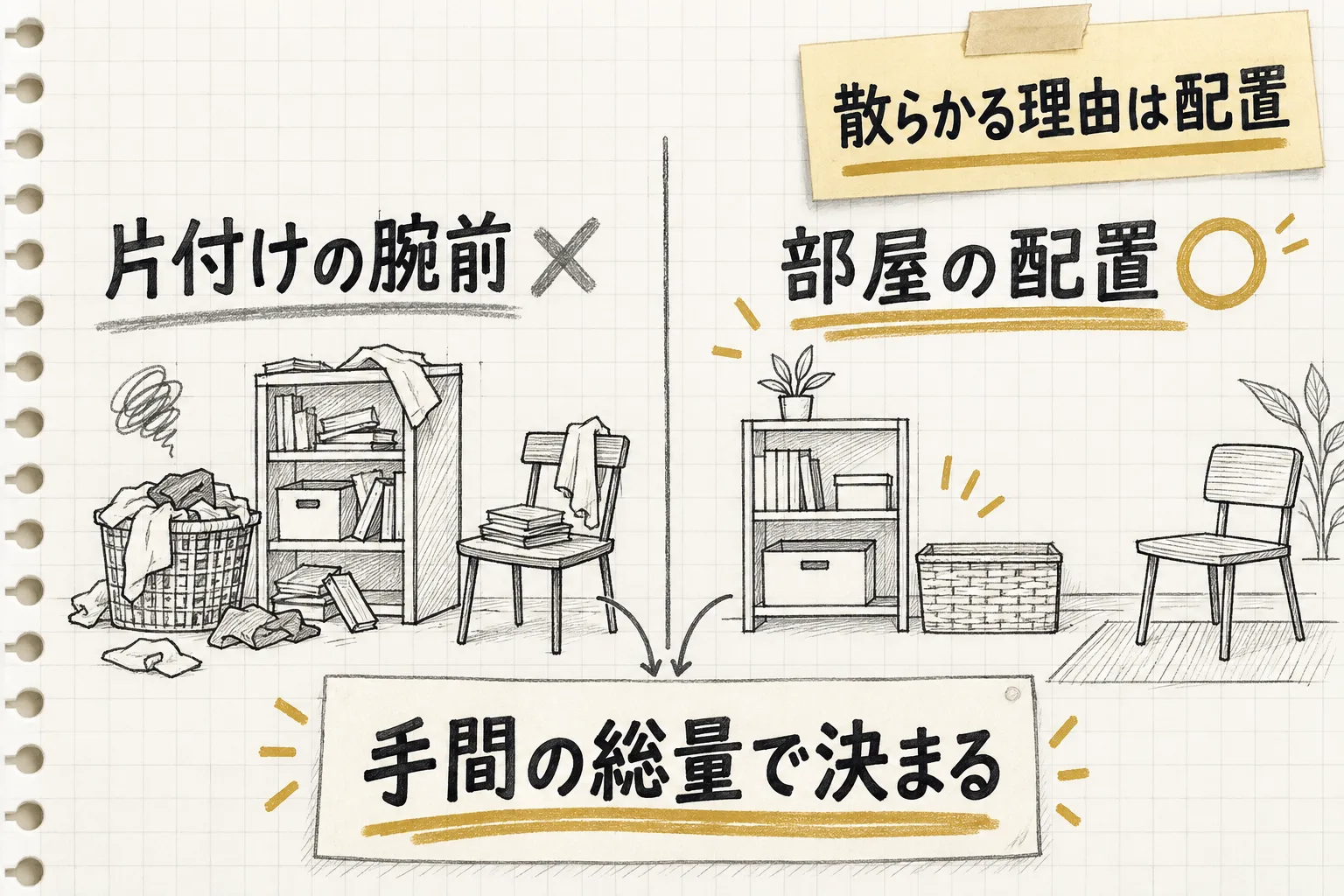 片付けの腕前ではなく部屋の配置そのものが手間の総量を決めているという考え方を左右で比べて示す
