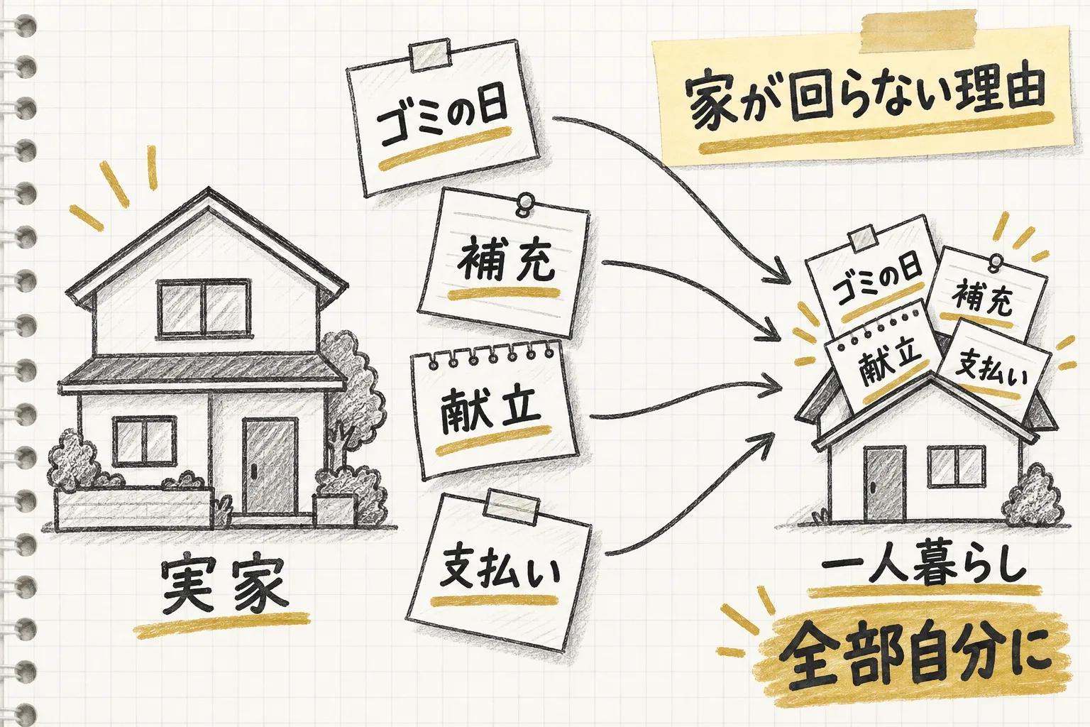 実家では他人が担っていた判断と手間が、一人暮らしでは全部自分に集まってくる構造を示す図解