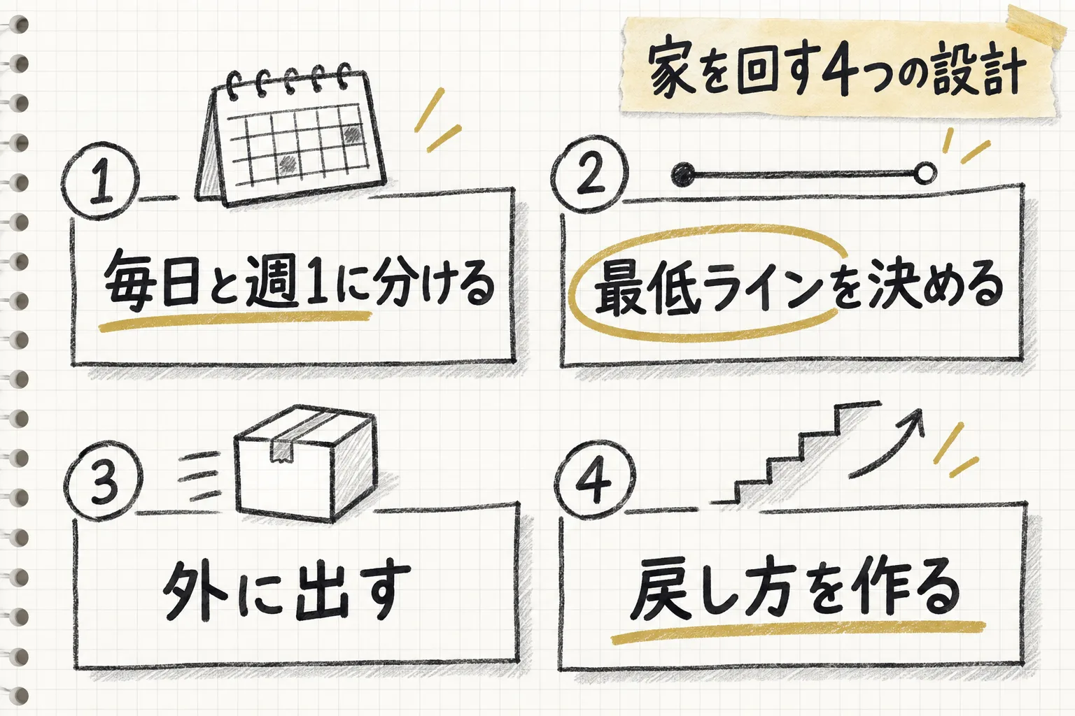 毎日やるものと週1でまとめるものの分け方、最低ライン、外に出すもの、戻し方の4つの設計を並べて示す図解