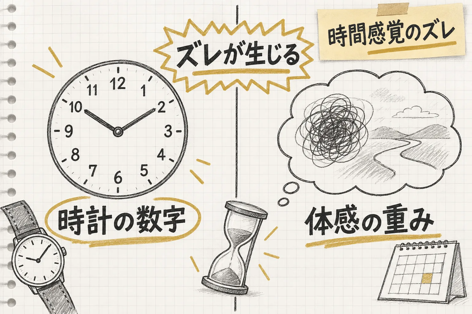 時計が示す時間の数字と、体感として感じる時間の重みとの間にズレが生じている様子を示す