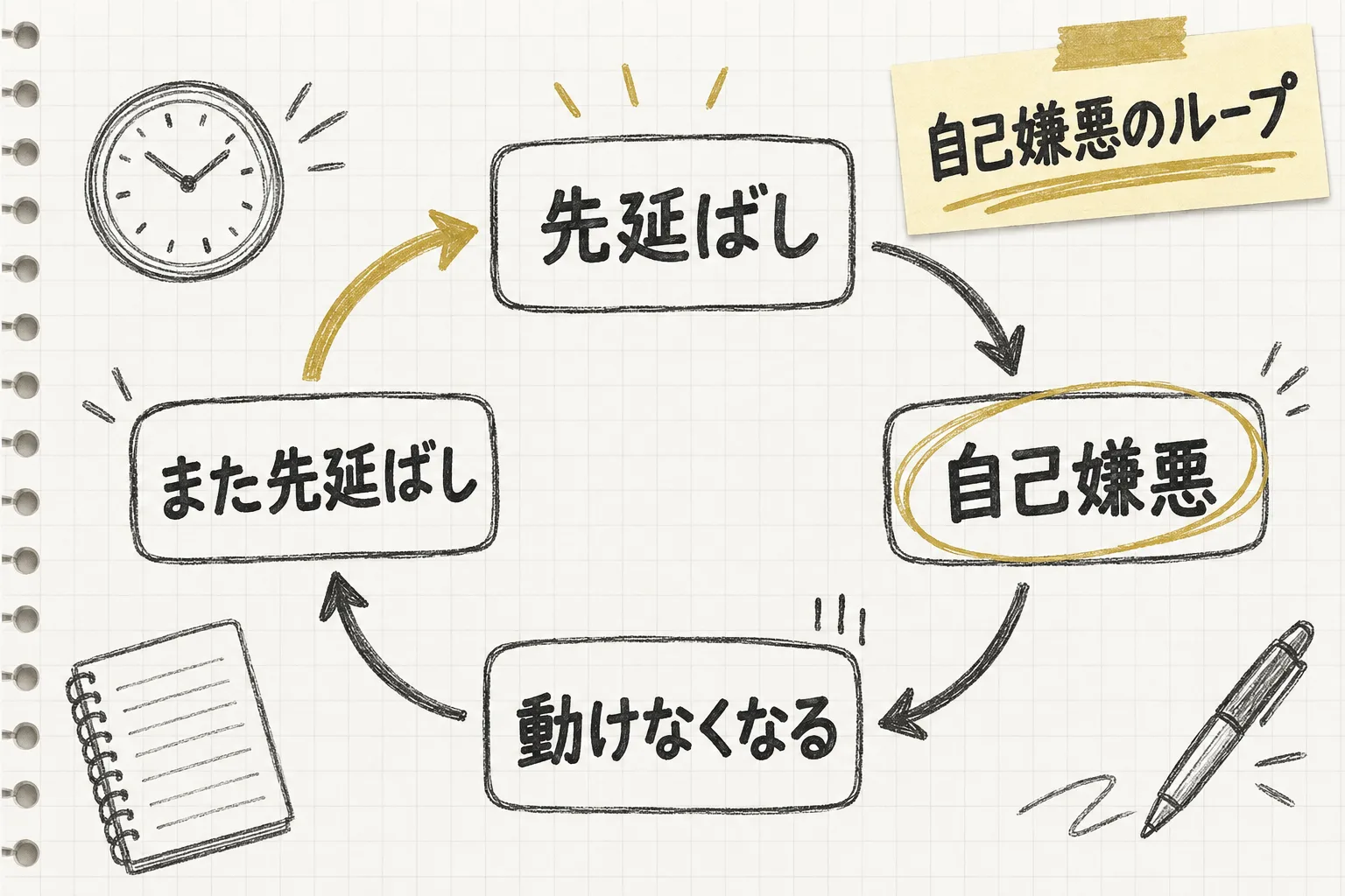 先延ばし・自己嫌悪・動けなくなる・また先延ばしという円環が繰り返される様子を示す