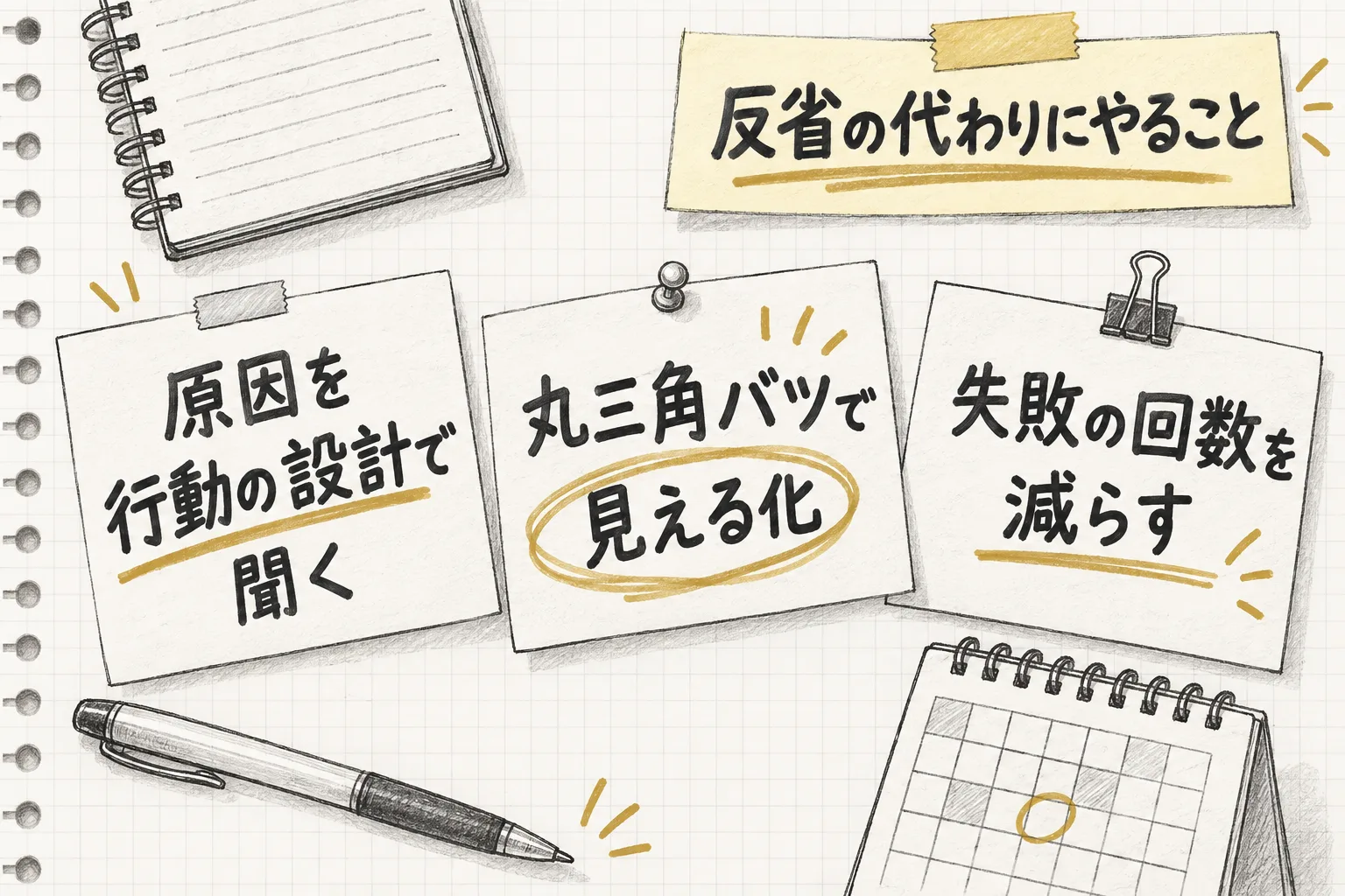 原因を行動の設計で聞く・丸三角バツで見える化する・失敗の回数を仕組みで減らすという3つを並べて示す