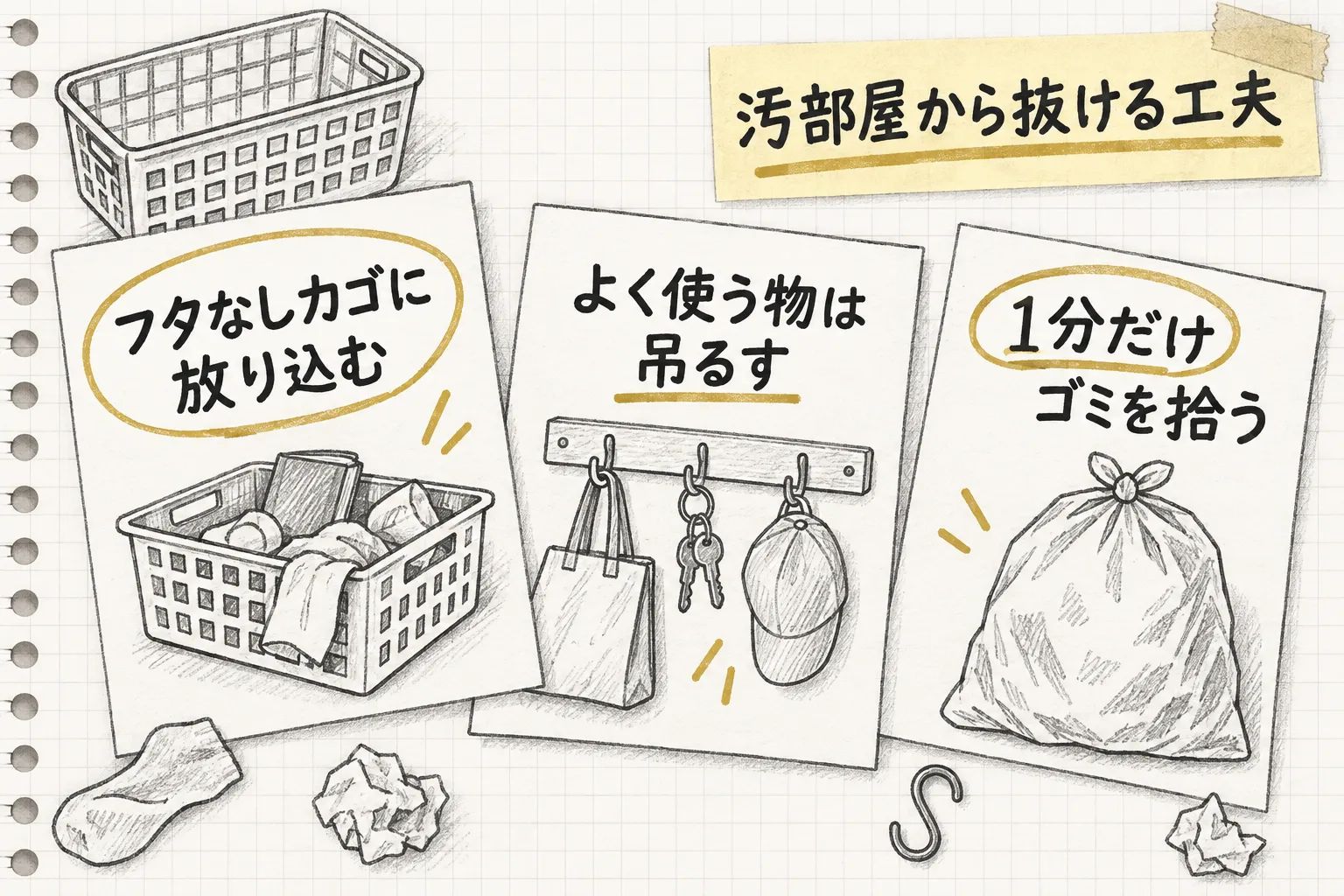 フタのないカゴに放り込む・よく使う物は吊るす・1分だけゴミを拾うという3つの工夫を並べて示す