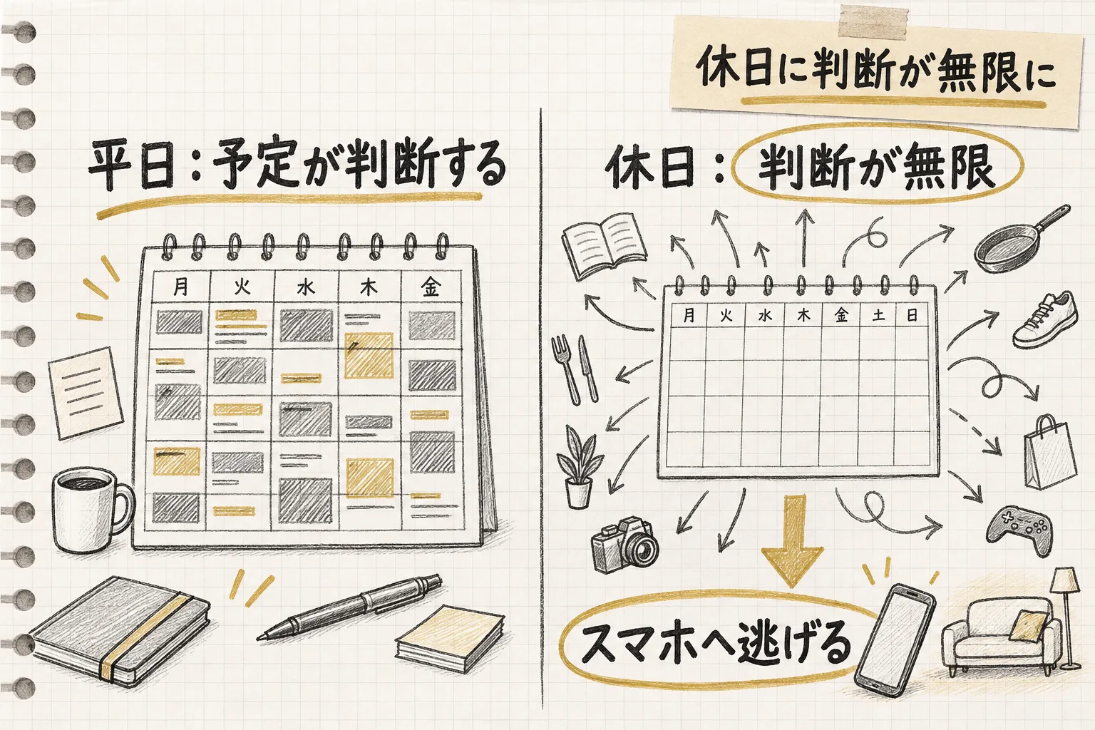 平日は予定が判断を代わりに引き受けるが、休日は判断を無限に求められスマホへ逃げてしまう様子を示す