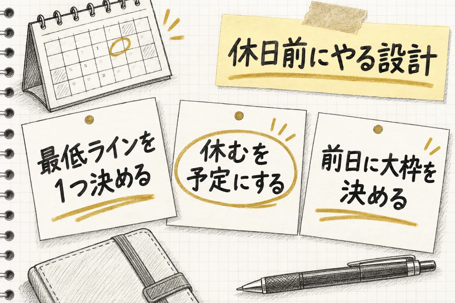 最低ラインを1つ決める・休むを予定にする・前日に大枠を決めるという休日前の3つの設計を並べて示す
