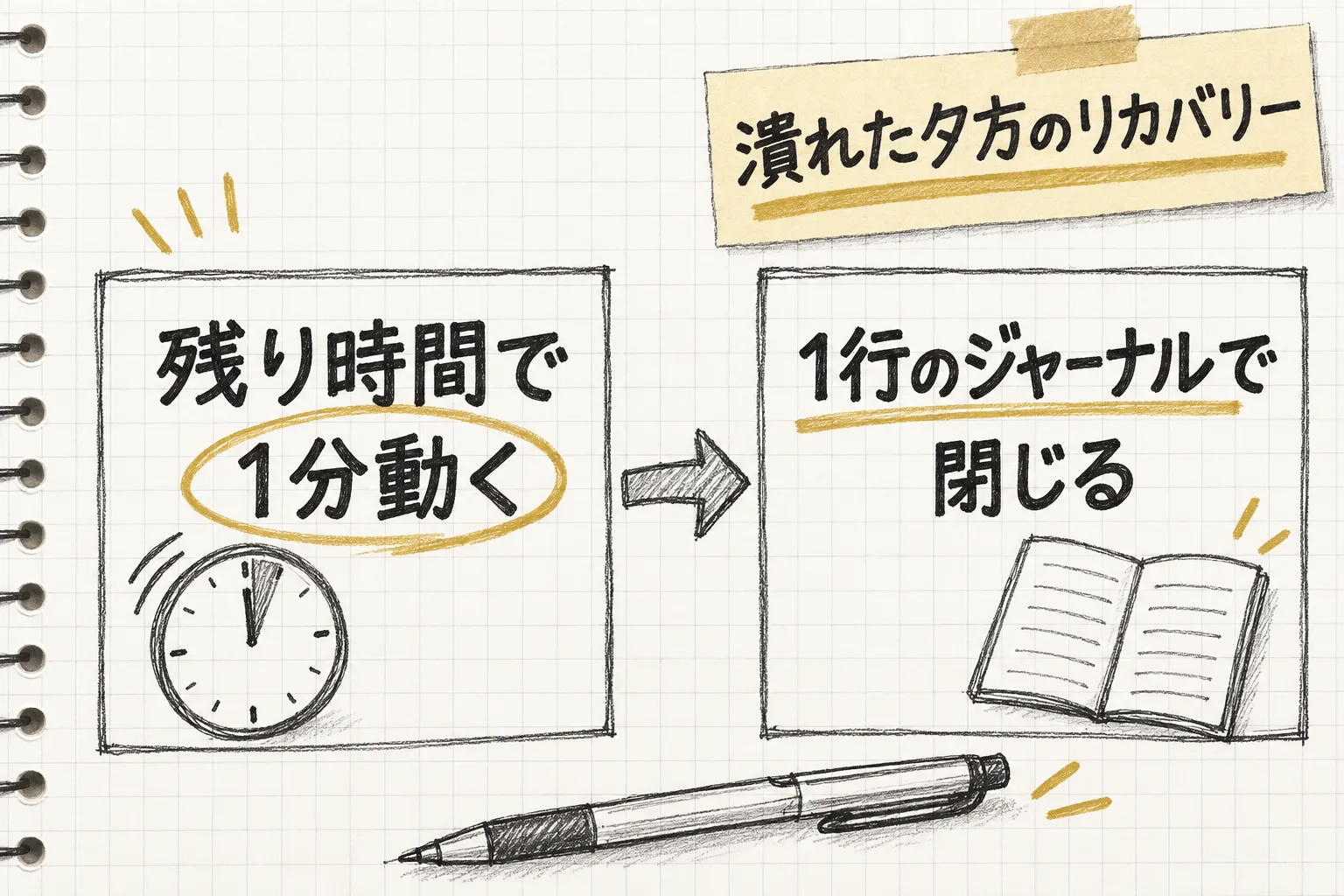 責める代わりに残り時間で1分だけ動き、今日を1行のジャーナルで閉じるという2つの手順を示す