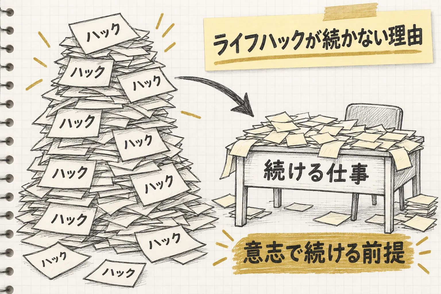 ライフハックを意志で続ける前提で選ぶと続けるための仕事が増える、という構造を手描きの図解で表した表紙