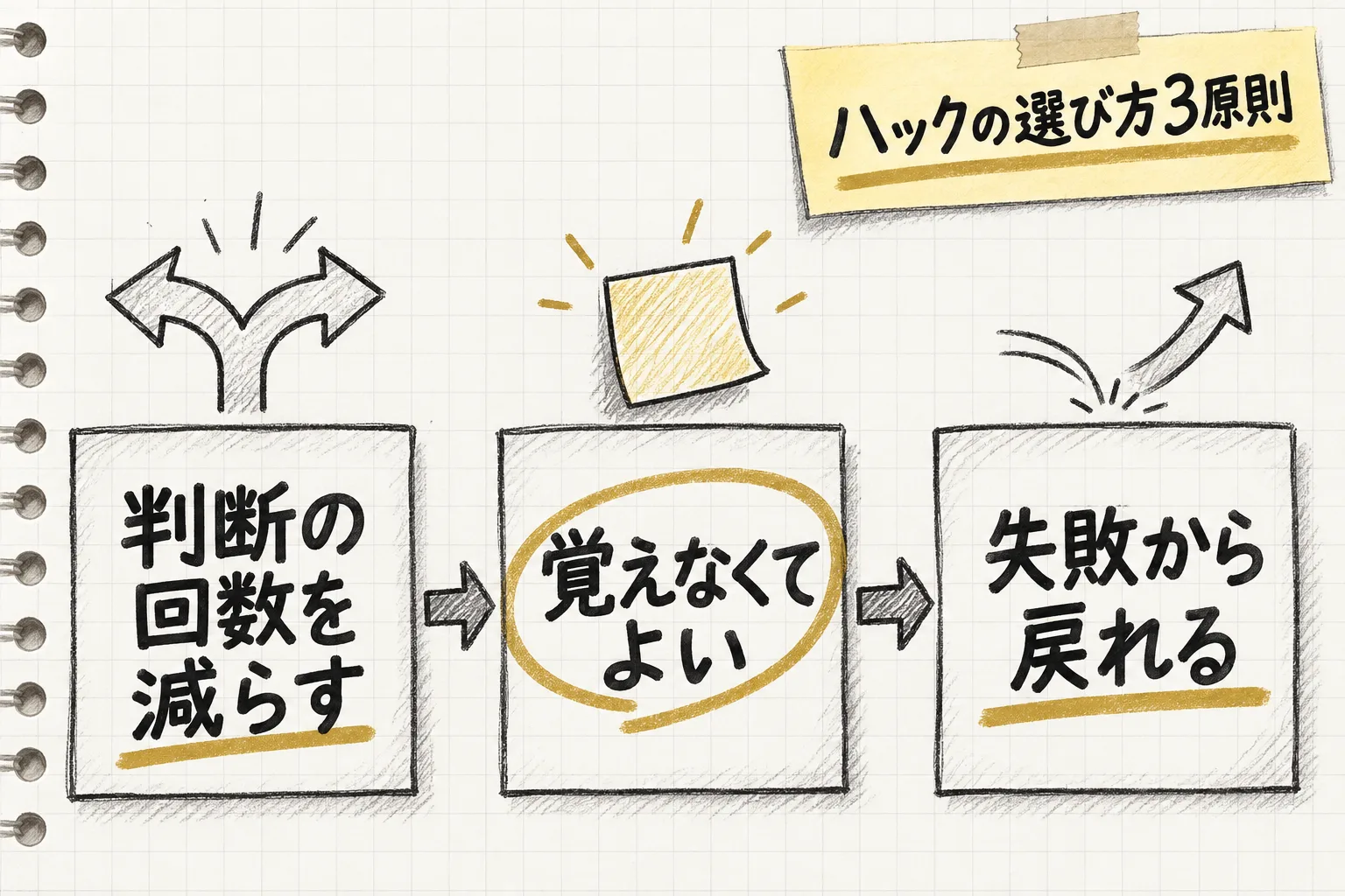 判断の回数を減らす、覚えておく必要がない、失敗した日から戻れるという3つの選び方の原則を並べて示す