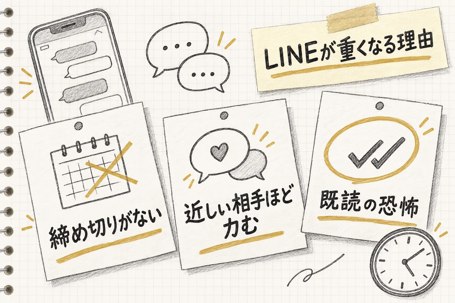 締め切りがない・近しい相手ほど力む・既読の恐怖という私生活のLINEに固有の3つの重さを並べて示す