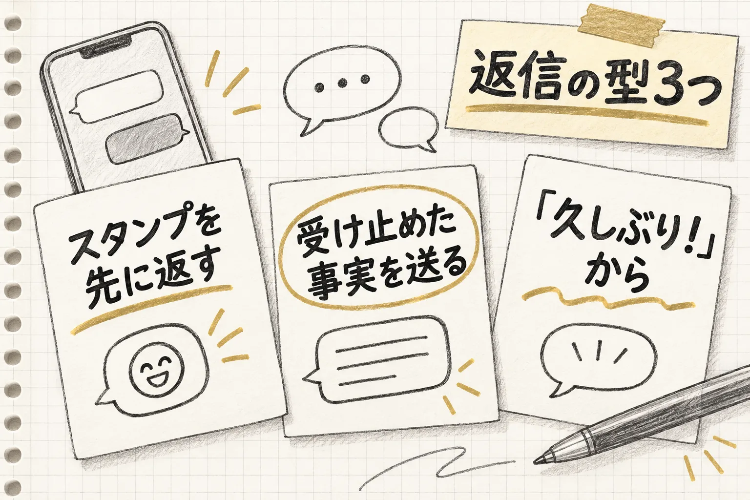 スタンプを先に返す・受け止めた事実を先に送る・久しぶりから始めるという3つの返信の型を並べて示す
