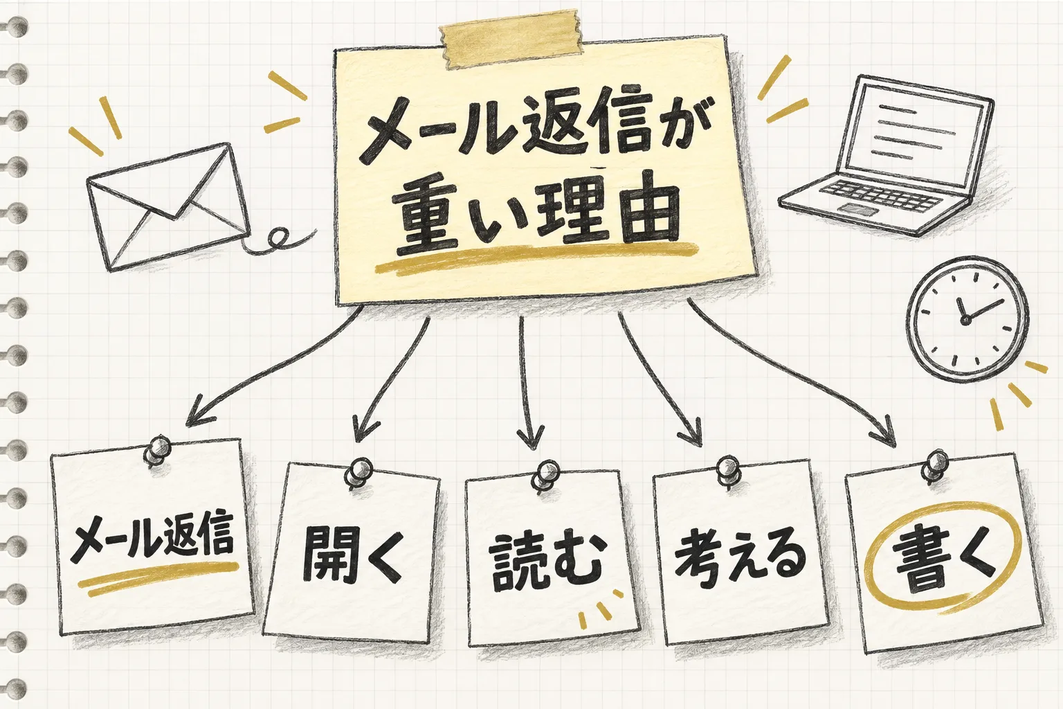 メール1通の返信が開く・読む・考える・書くという多段の手間でできている様子を示す