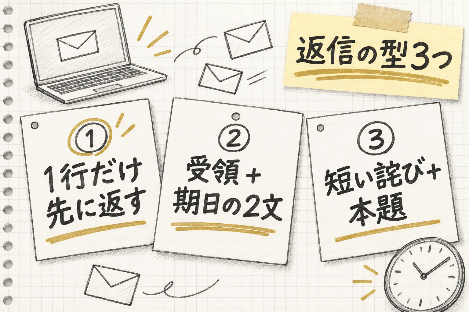 1行だけ先に返す・受領と期日の2文で返す・短い詫びと本題で今日送るという3つの型を並べて示す
