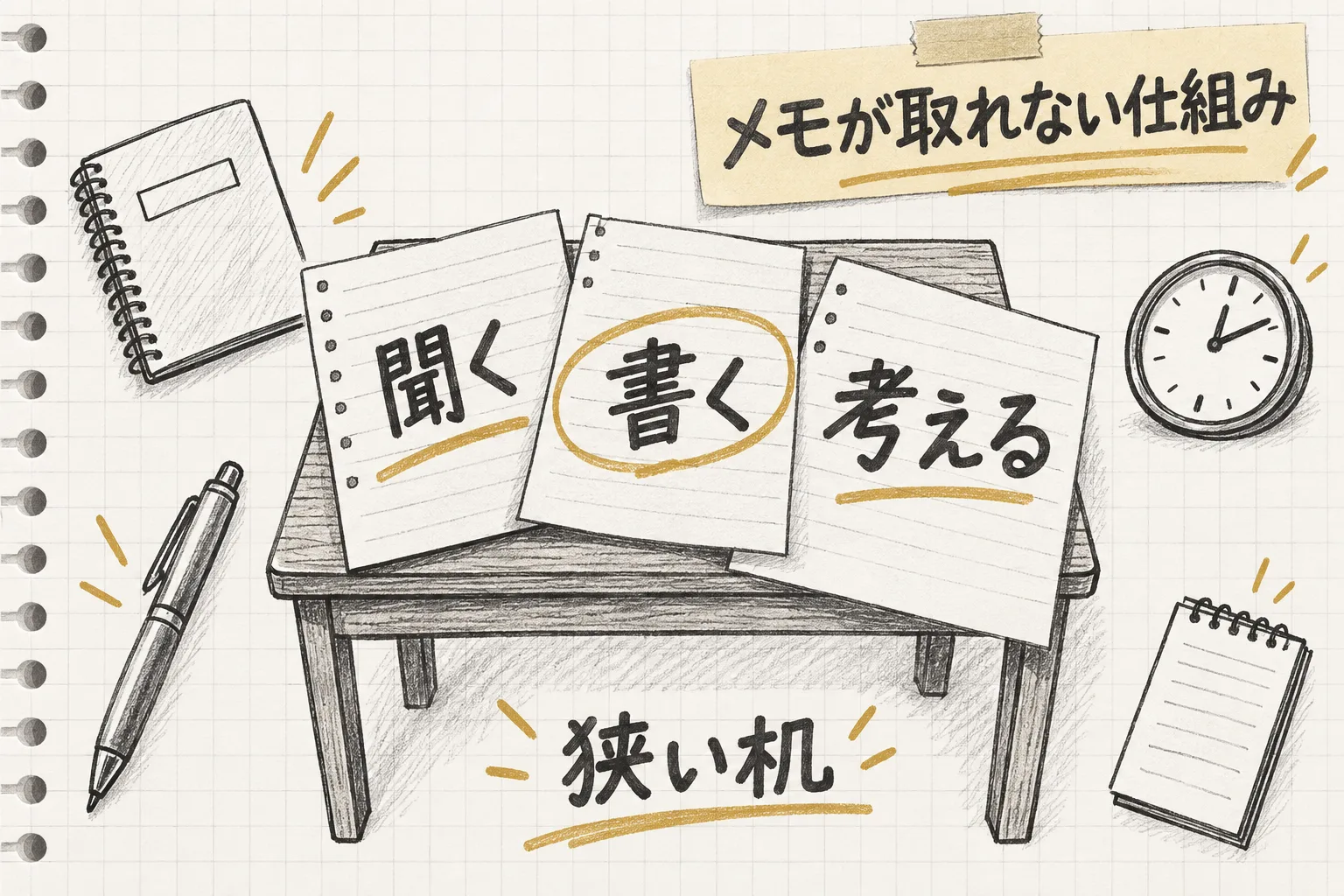 聞く・書く・考えるという3つの作業が狭い机の上で同時に競い合っている様子を示す