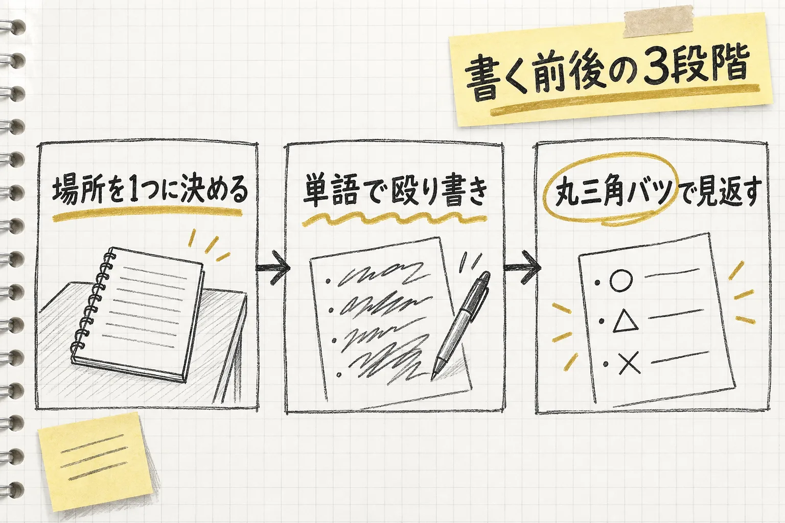 書く場所を1つに決め、単語で殴り書きし、丸三角バツで見返すという書く前後の3段階を示す
