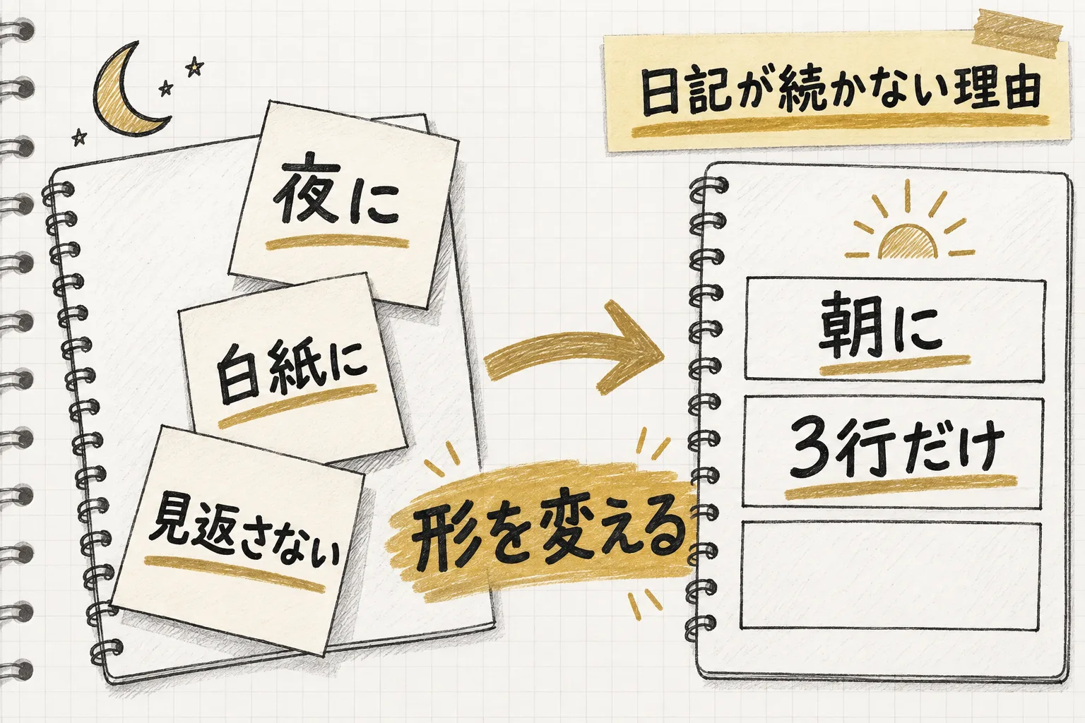 夜に書く・白紙に書く・見返さないという3つの噛み合わない点が、朝・3行・決まった枠に組み替わる流れを示す