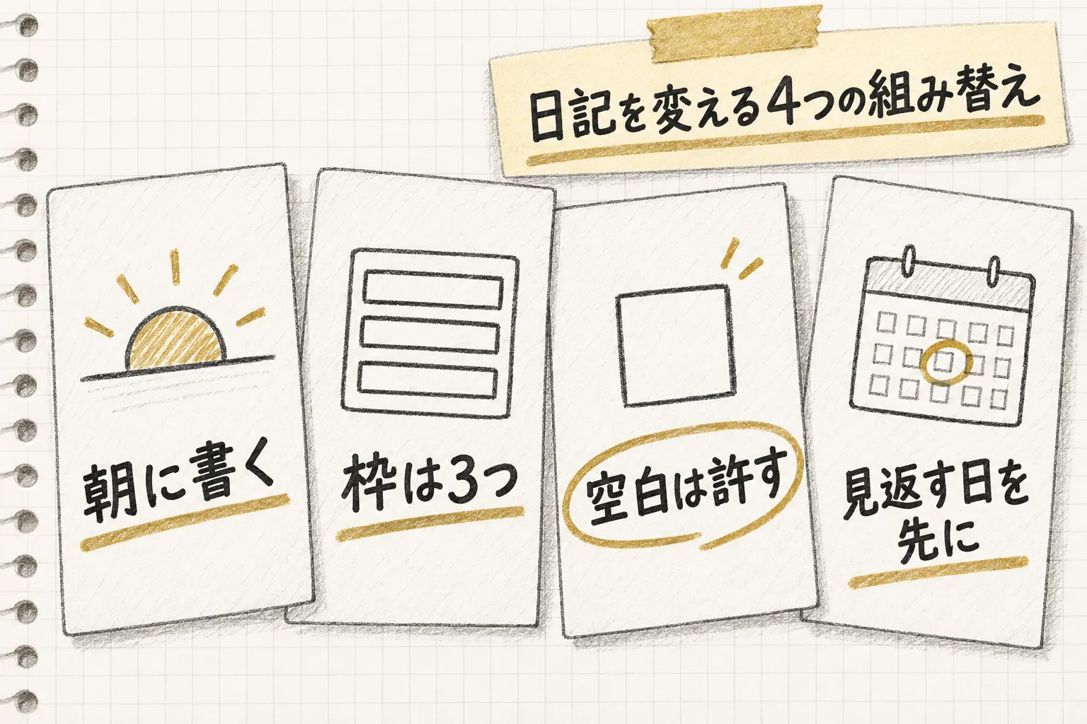 夜ではなく朝に書く・枠を3つに固定する・書けない日は空白のまま・見返す日を先に決めるという4つの組み替えを並べて示す