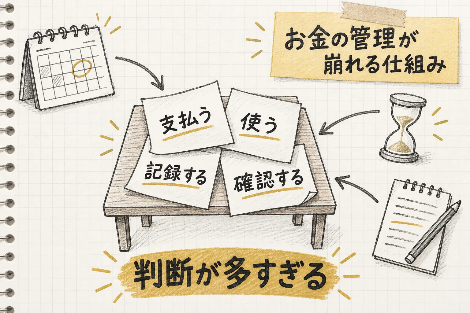 お金の管理が毎日の小さな判断の積み重ねになっていて、判断の回数を減らす設計に組み替える流れを示す