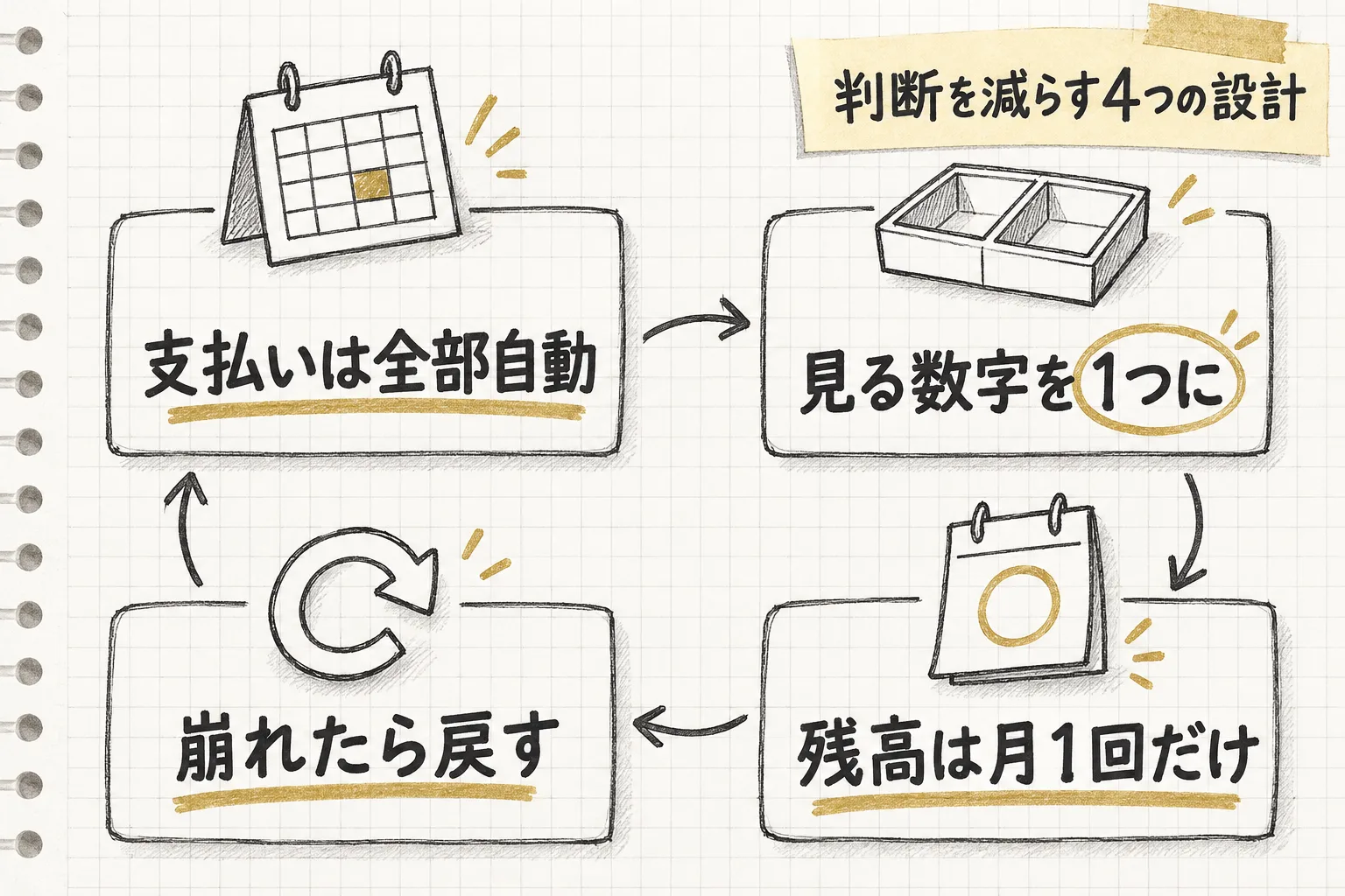 支払いを自動にする、お金を2つに分ける、月に1回だけ残高を見る、崩れた月の戻し方を決める、という4つの設計を並べて示す
