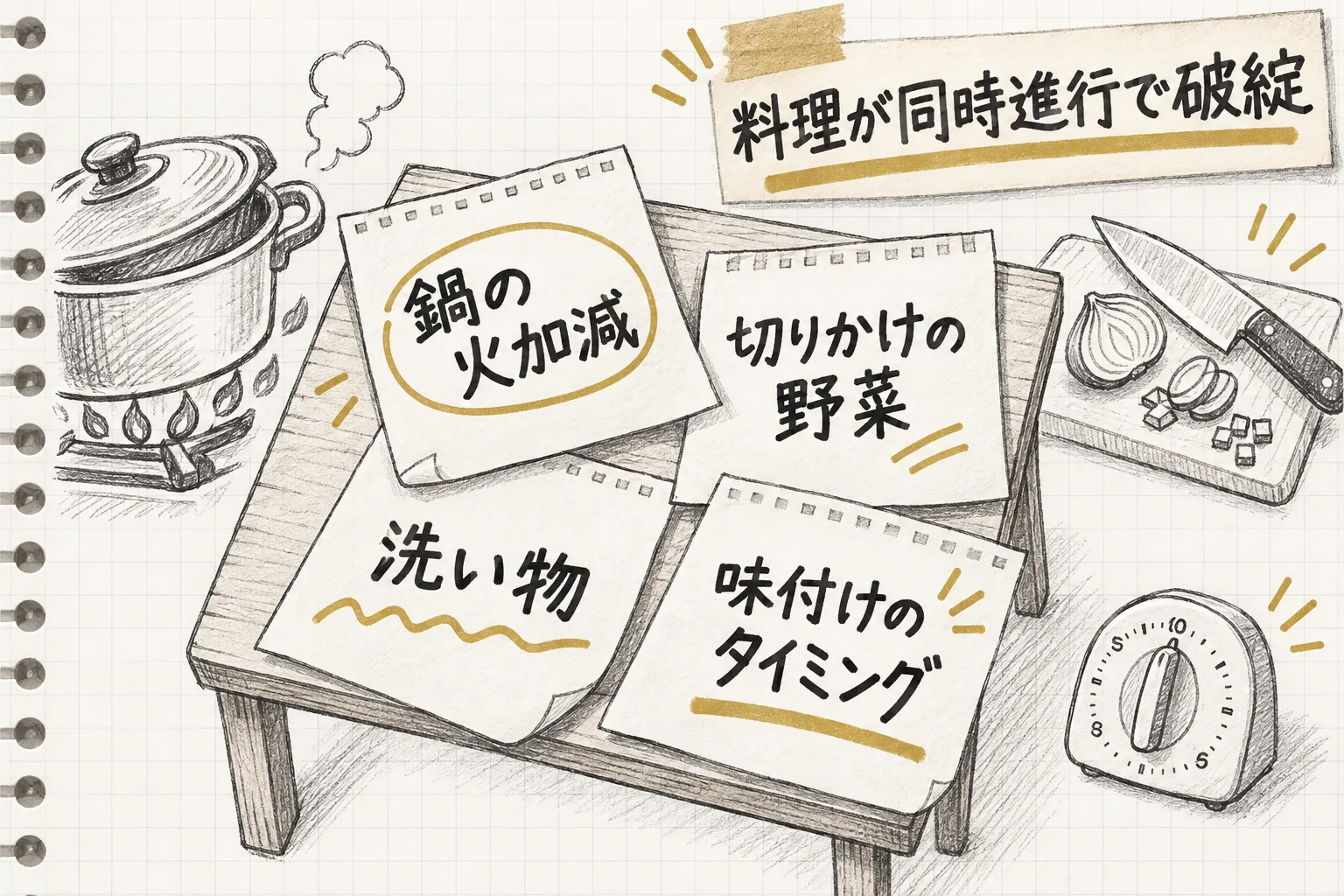 鍋の火加減・切りかけの野菜・洗い物・味付けのタイミングという4つが同時に机の上に乗っている様子を示す