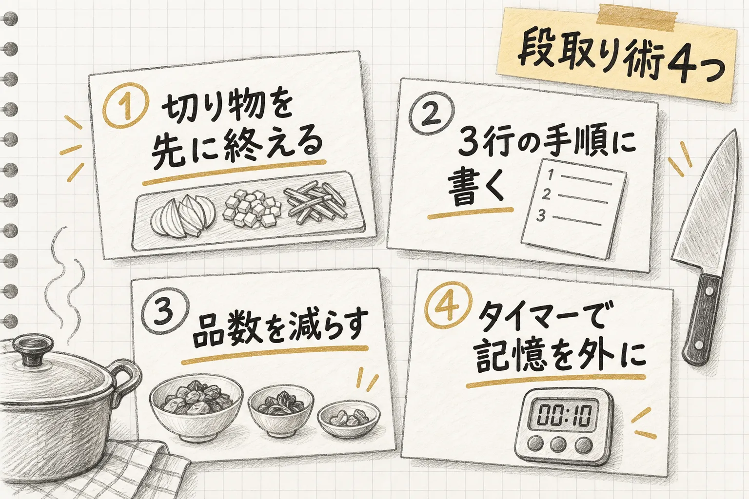 切り物を先に終える・3行の手順に書く・品数を減らす・タイマーで記憶を外に出すという4つの段取り術を示す