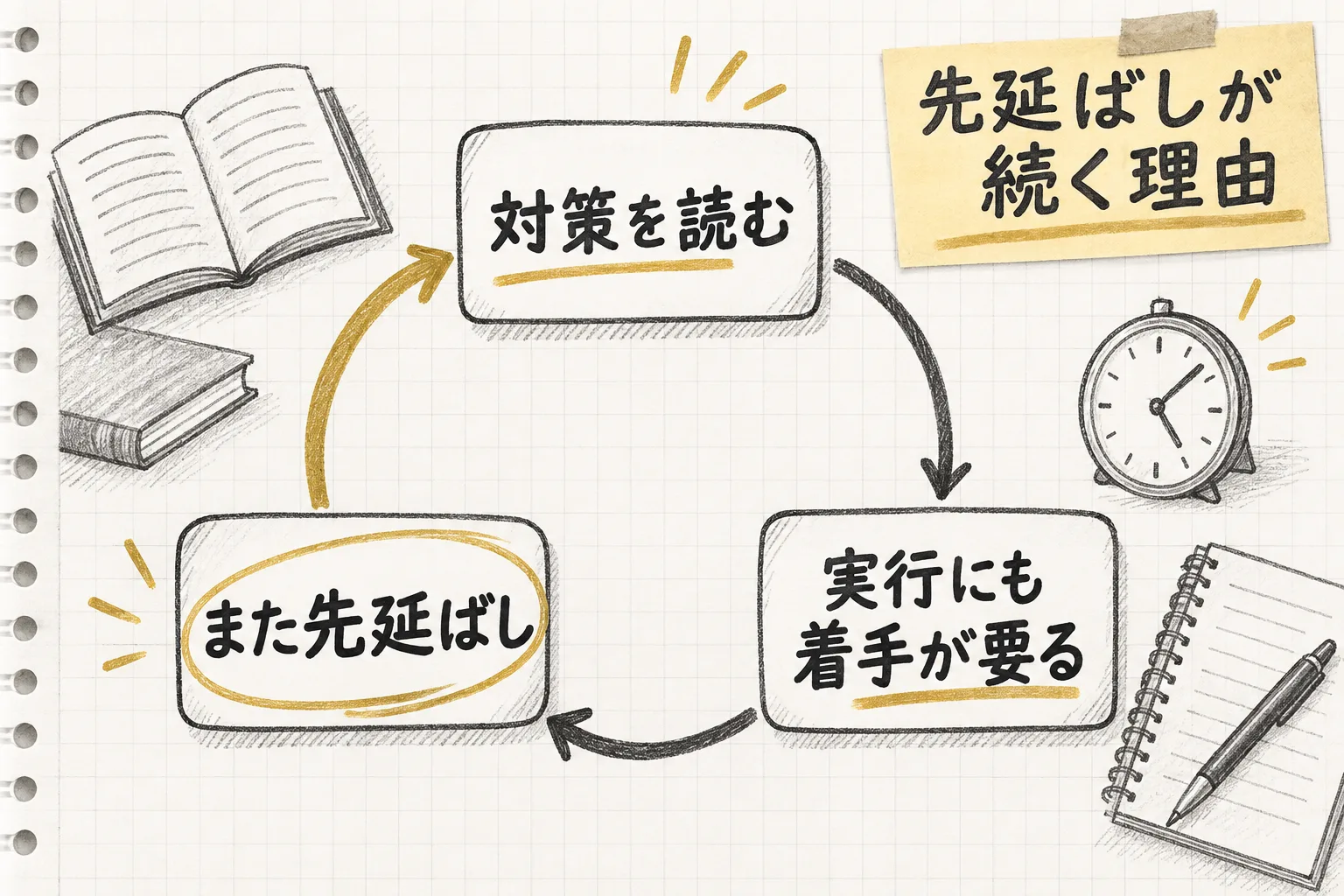 対策を読んでもその実行自体が新しい着手になり、また先延ばしに戻ってしまう円環を示す