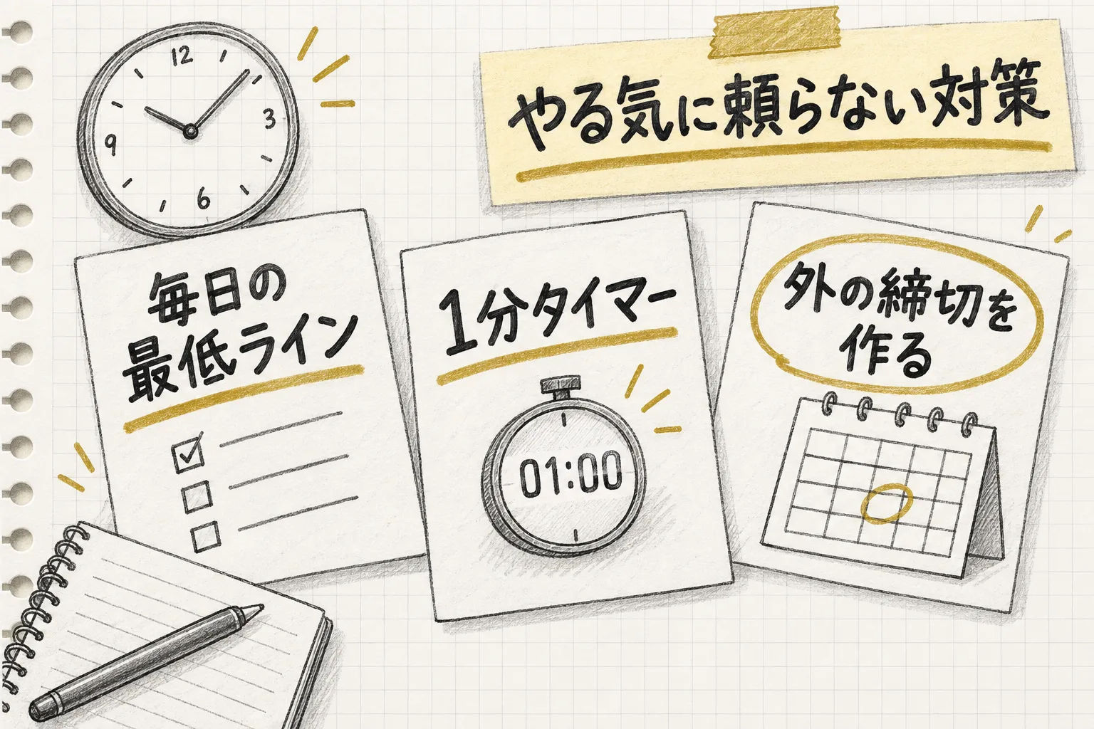 毎日の最低ライン・1分タイマー・外の締切という着手の重さを減らす3つの対策を並べて示す