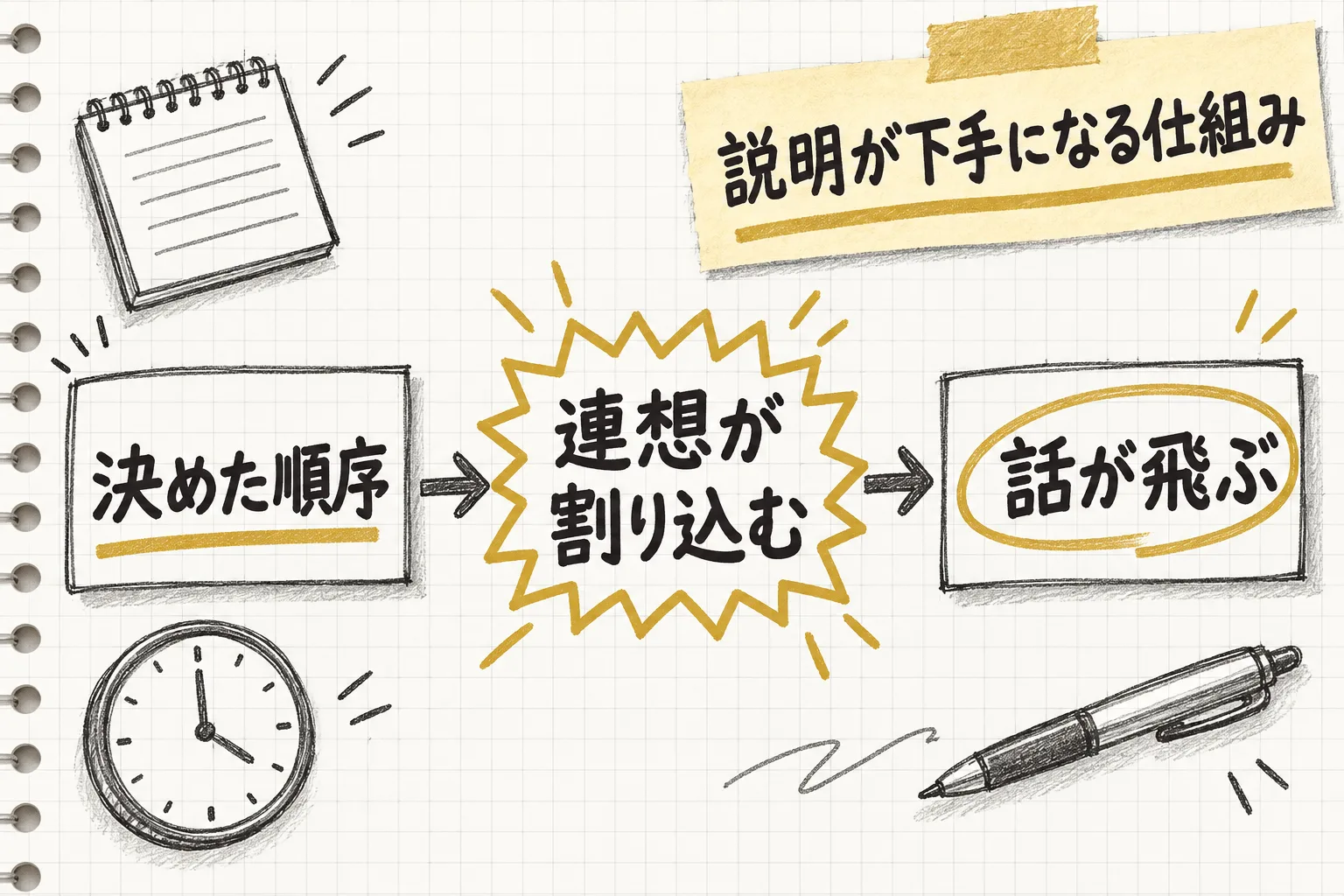 話す前に決めた順序が、話し始めると連想の割り込みで崩れて話が飛んでしまう流れを示す