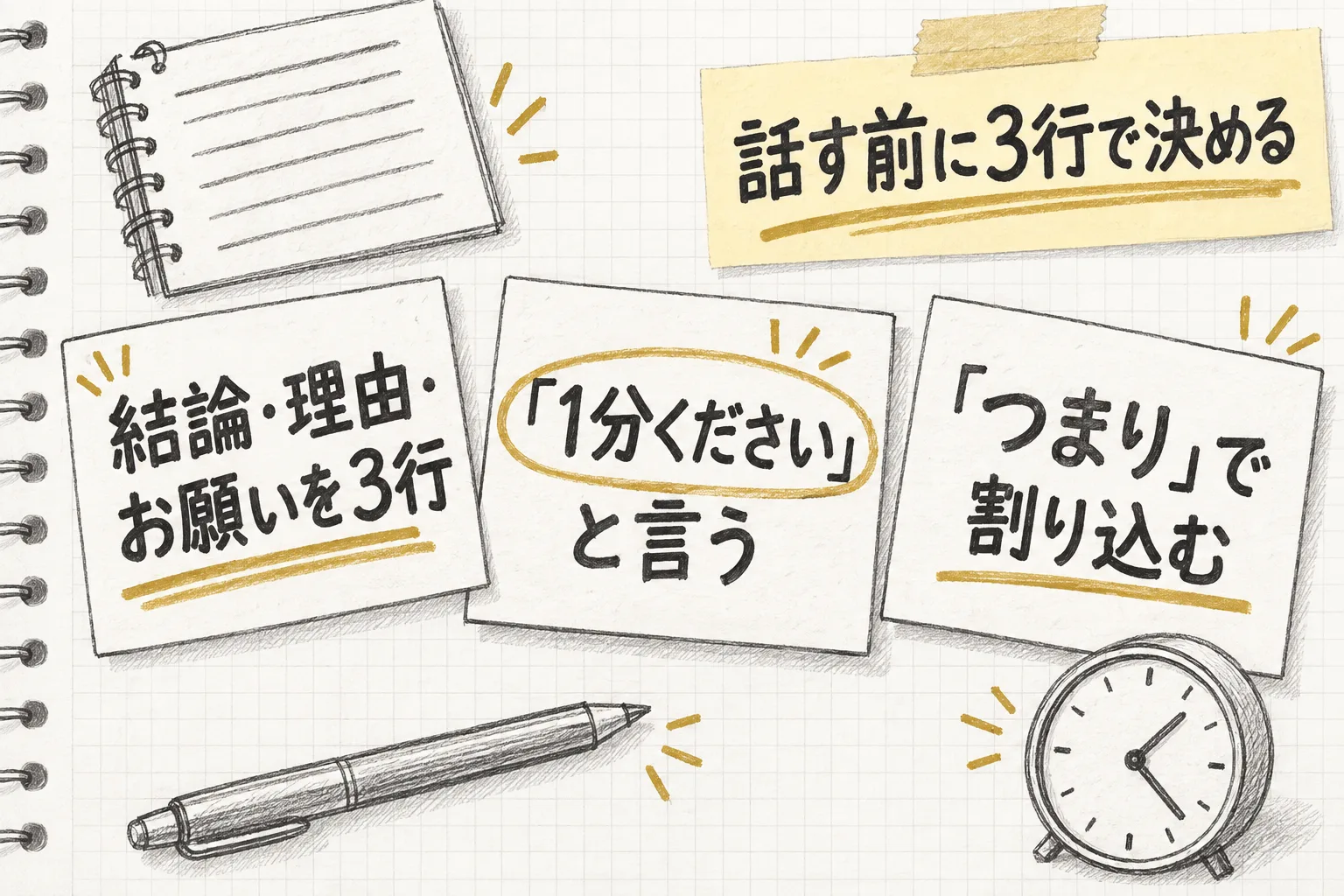 結論理由お願いを3行で書く・1分くださいと言う・つまりで自分に割り込むという3つの型を並べて示す