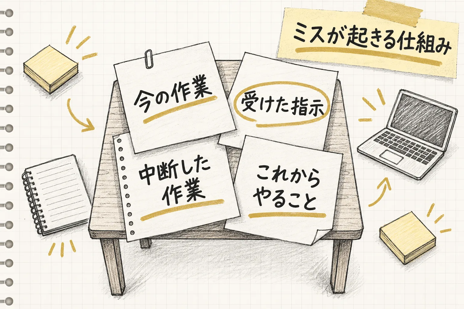 今の作業・受けた指示・中断した作業・これからやることという4つが同時に机に乗っている様子を示す