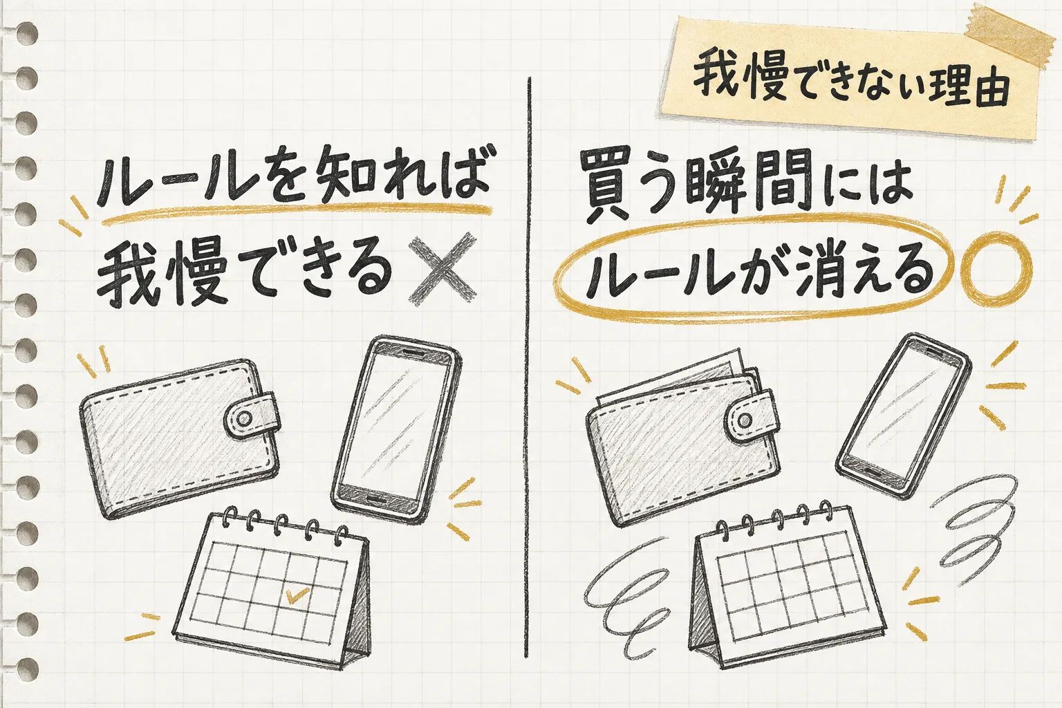 ルールを決めた時と買う瞬間とでは頭の中の状態が違い、買う瞬間にはルールが思い出せない様子を示す