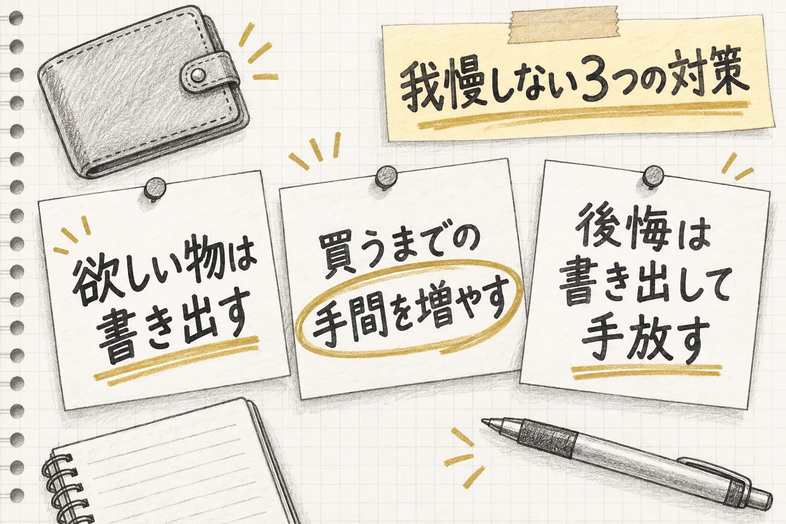 欲しい物を書き出す・買うまでの手間を増やす・後悔は書き出して手放すという3つの対策を並べて示す