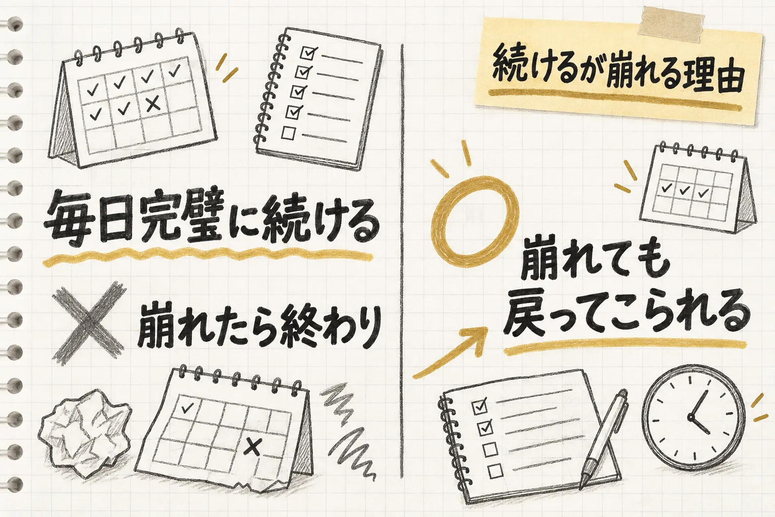 毎日完璧に続ける計画は1日崩れたら終わりですが、崩れても戻る発想なら継続とみなせる様子を示す