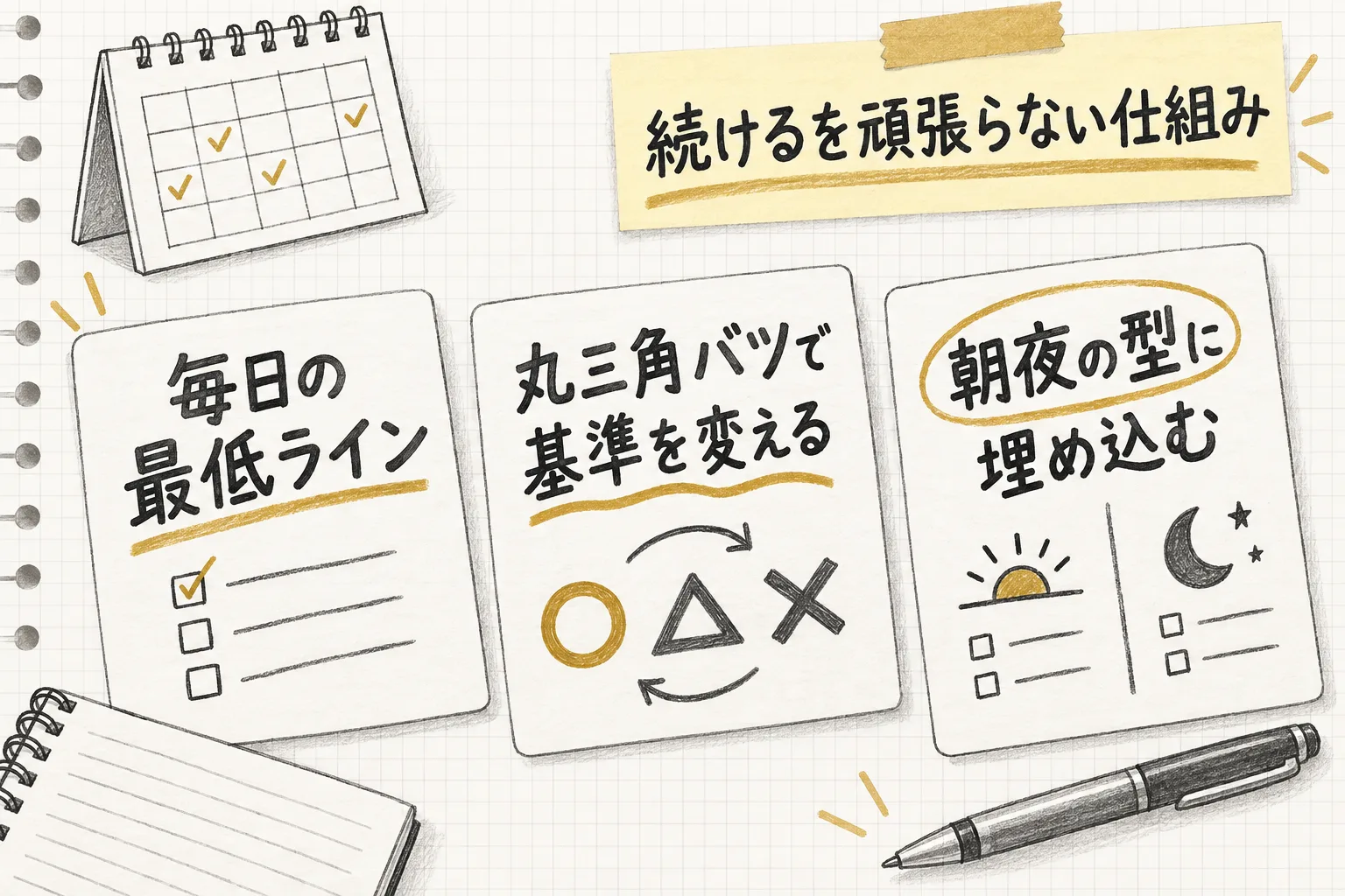 毎日の最低ライン・丸三角バツで基準を変える・朝夜の型に埋め込むという3つの仕組みを並べて示す