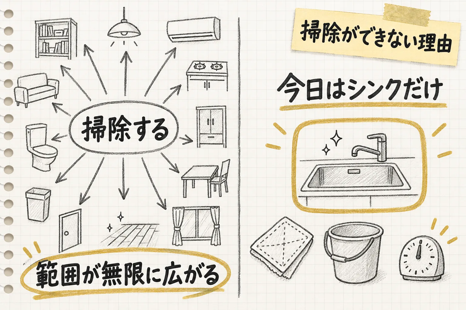 「掃除する」という範囲のない言葉と「シンクだけ」という範囲を1つに切った言葉とを比べて示す
