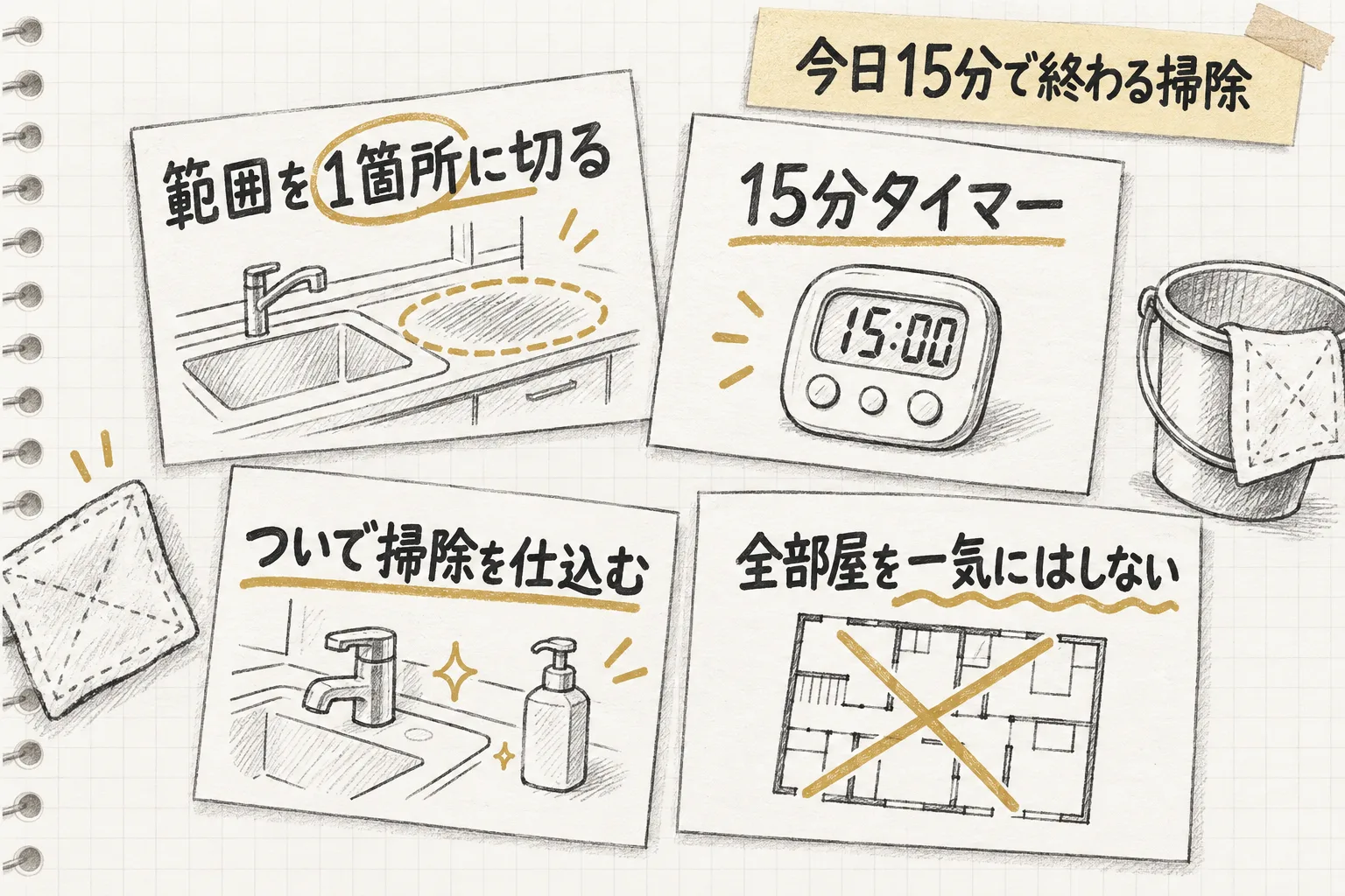 範囲を1箇所に切る・15分タイマー・ついで掃除を仕込む・全部屋を一気にを外すという4つの型を示す