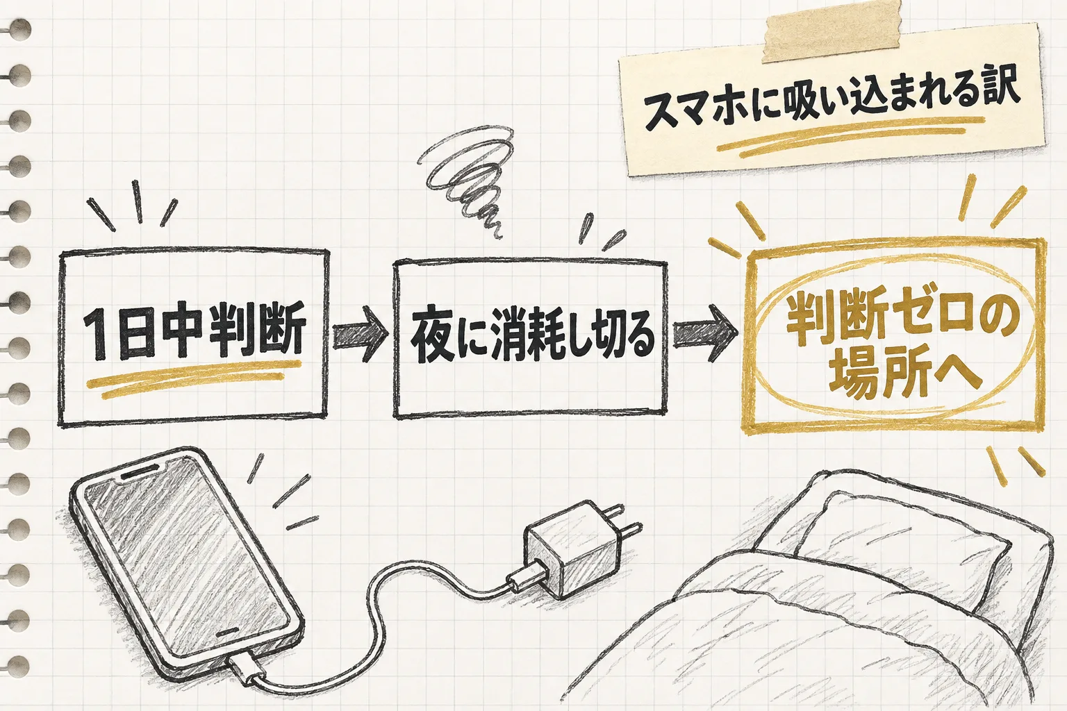 1日中判断を続けた脳が夜に消耗し切り、一番判断のいらない場所へ吸い込まれていく流れを示す
