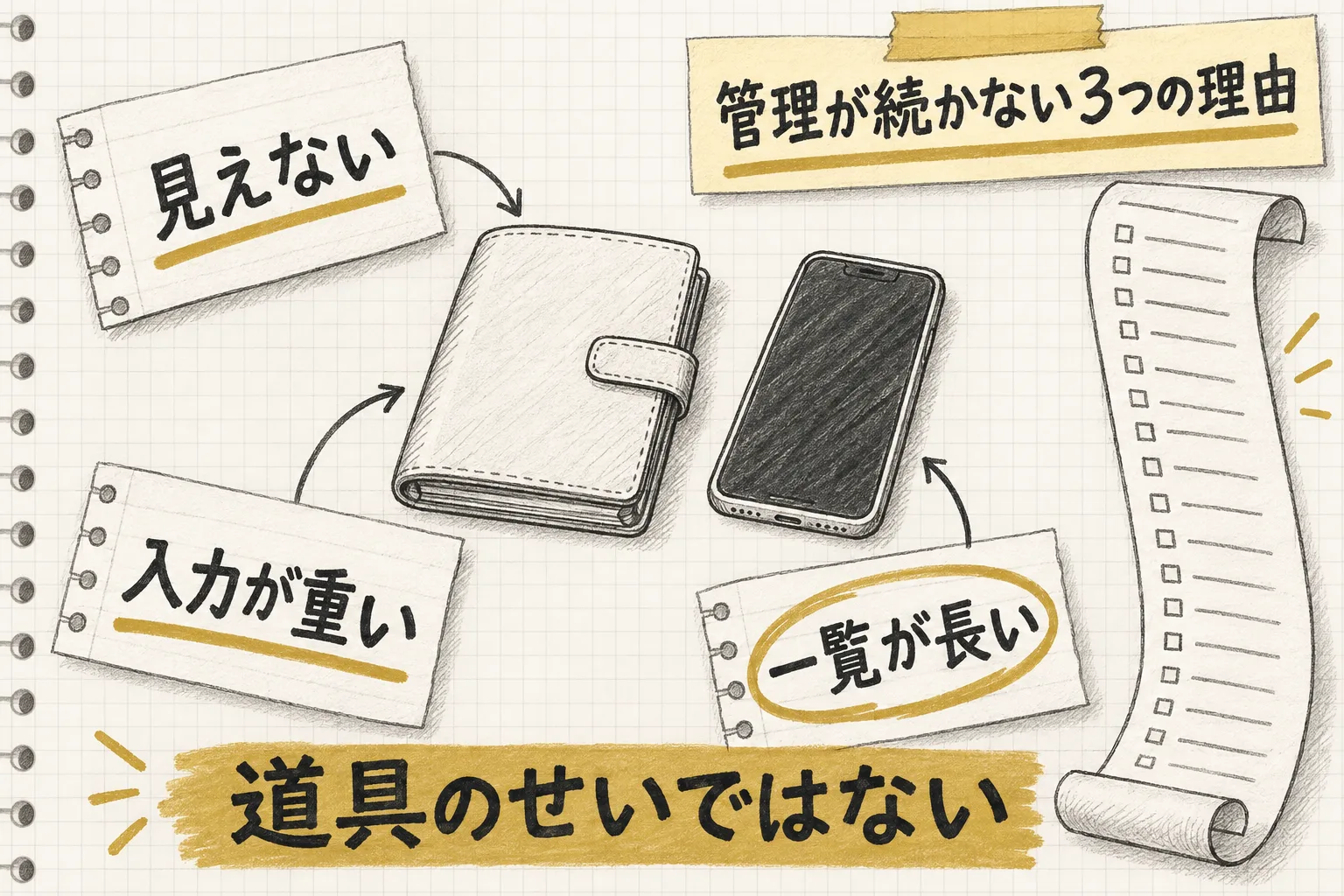 タスク管理が続かない3つの理由として、見えない・入力が重い・一覧が長いことを示す手描きの図解