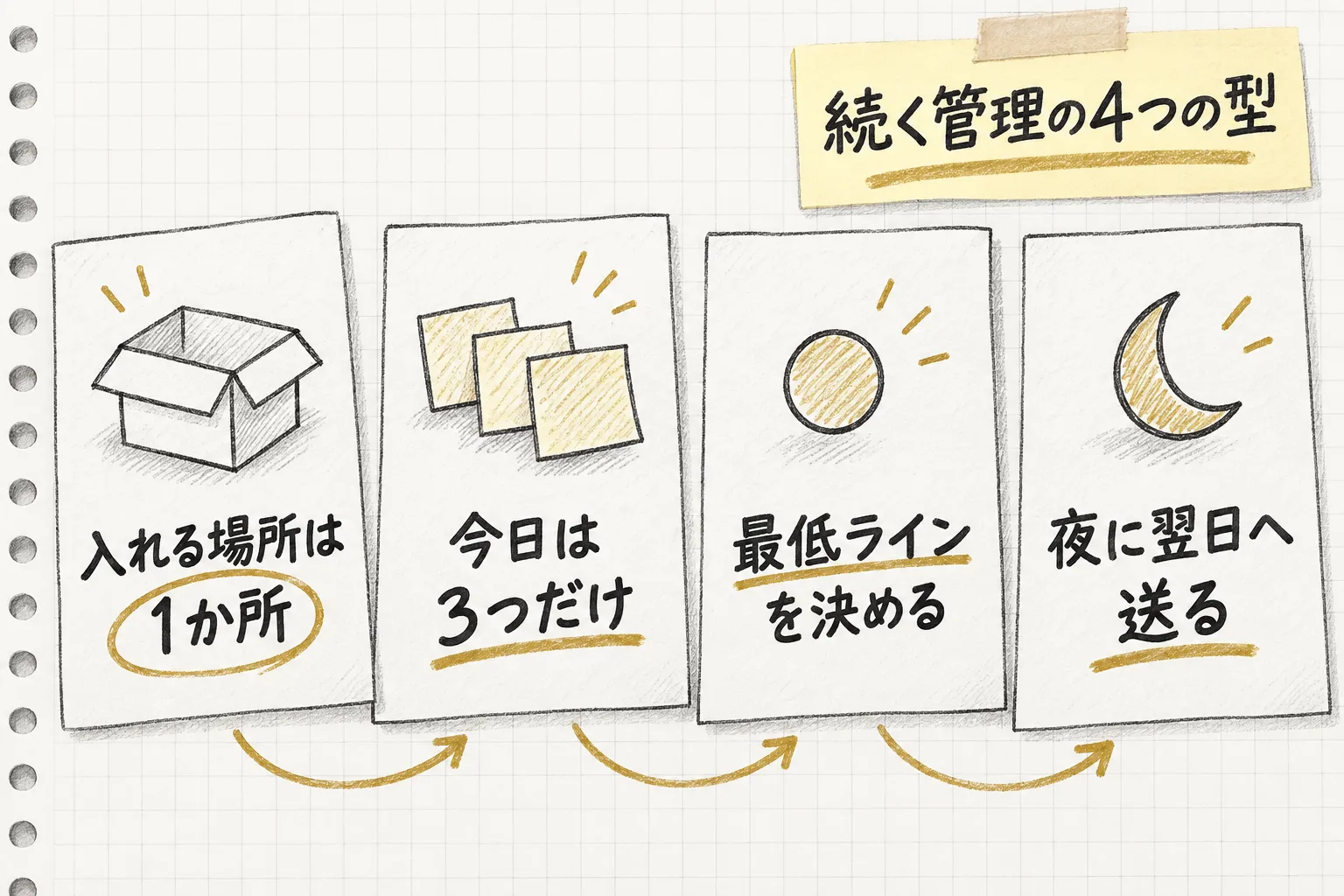 タスク管理の4つの型として、入れる場所を1か所・今日は3つだけ・最低ラインを決める・夜に翌日へ送るを並べて示す