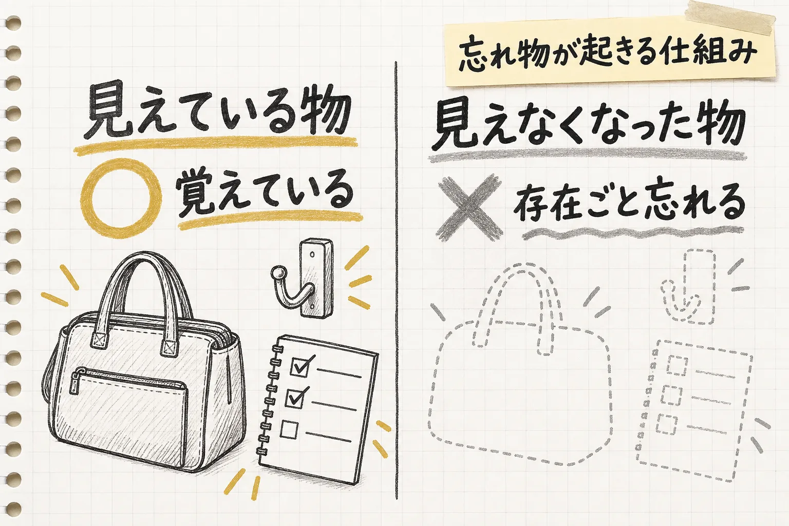 見えている物は覚えていられるが、見えなくなった物は存在ごと忘れてしまう脳の癖を比べて示す