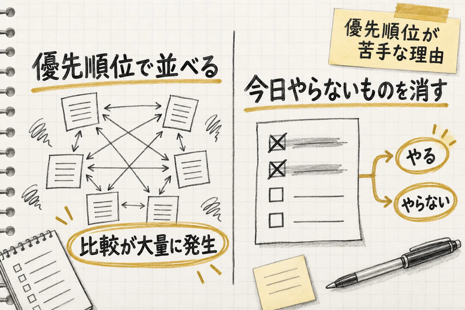 並べる発想では比較が大量に発生するが、消す発想なら二択だけで済むという考え方の違いを示す
