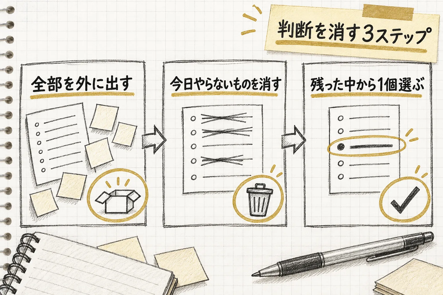 全部を外に出す・今日やらないものを消す・残った中から1個選ぶという判断を消す3ステップを示す