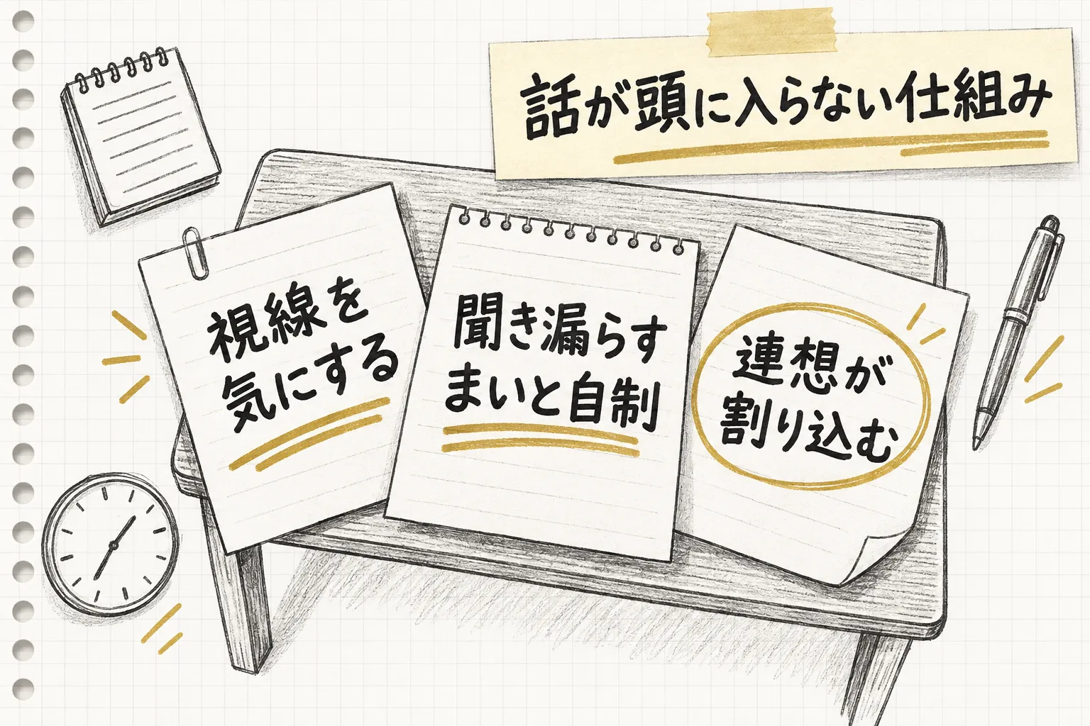 視線を気にする・聞き漏らすまいと自制する・連想が割り込むという3つの作業が同時に机を占領する様子を示す